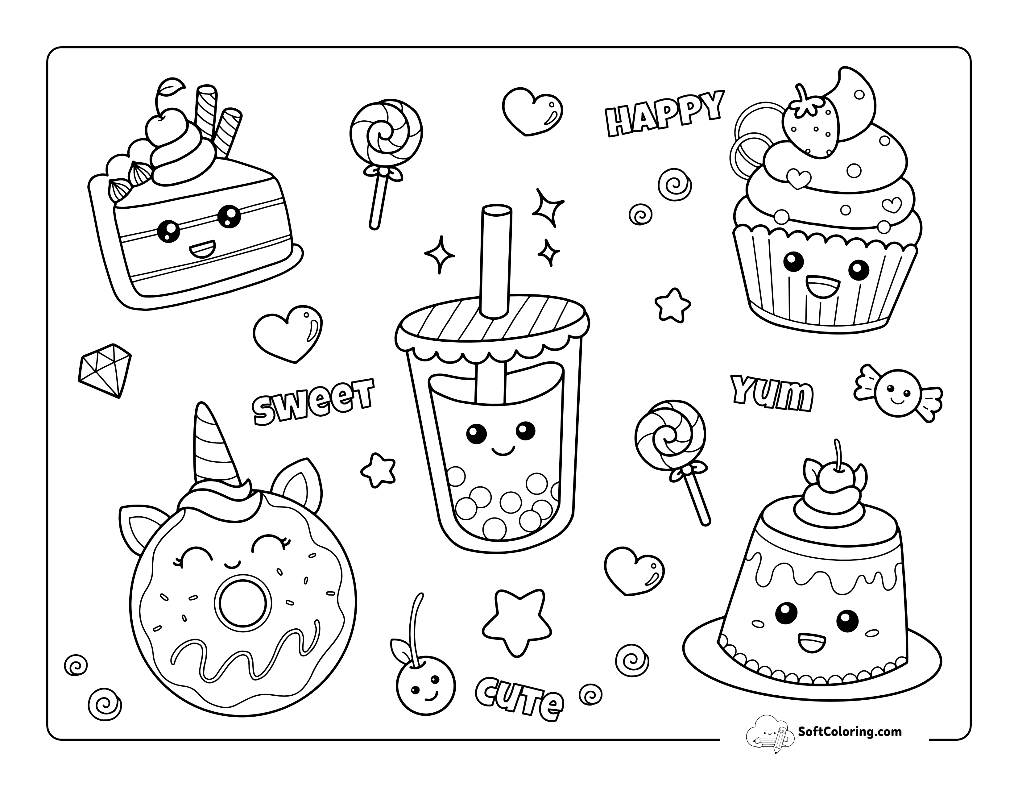 Kawaii Cakes & Candy Coloring Page For Kids