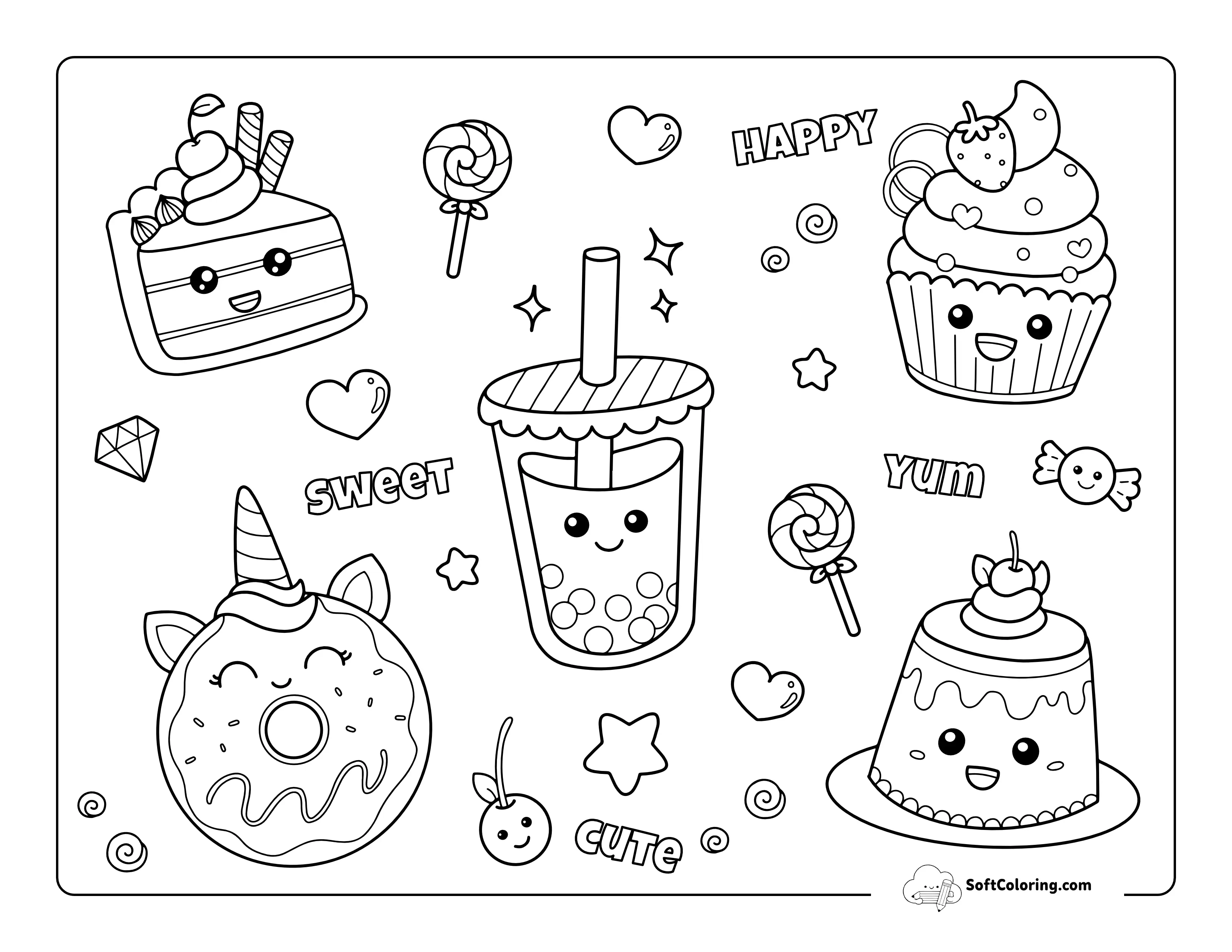 Kawaii Cakes & Candy Coloring Page For Kids