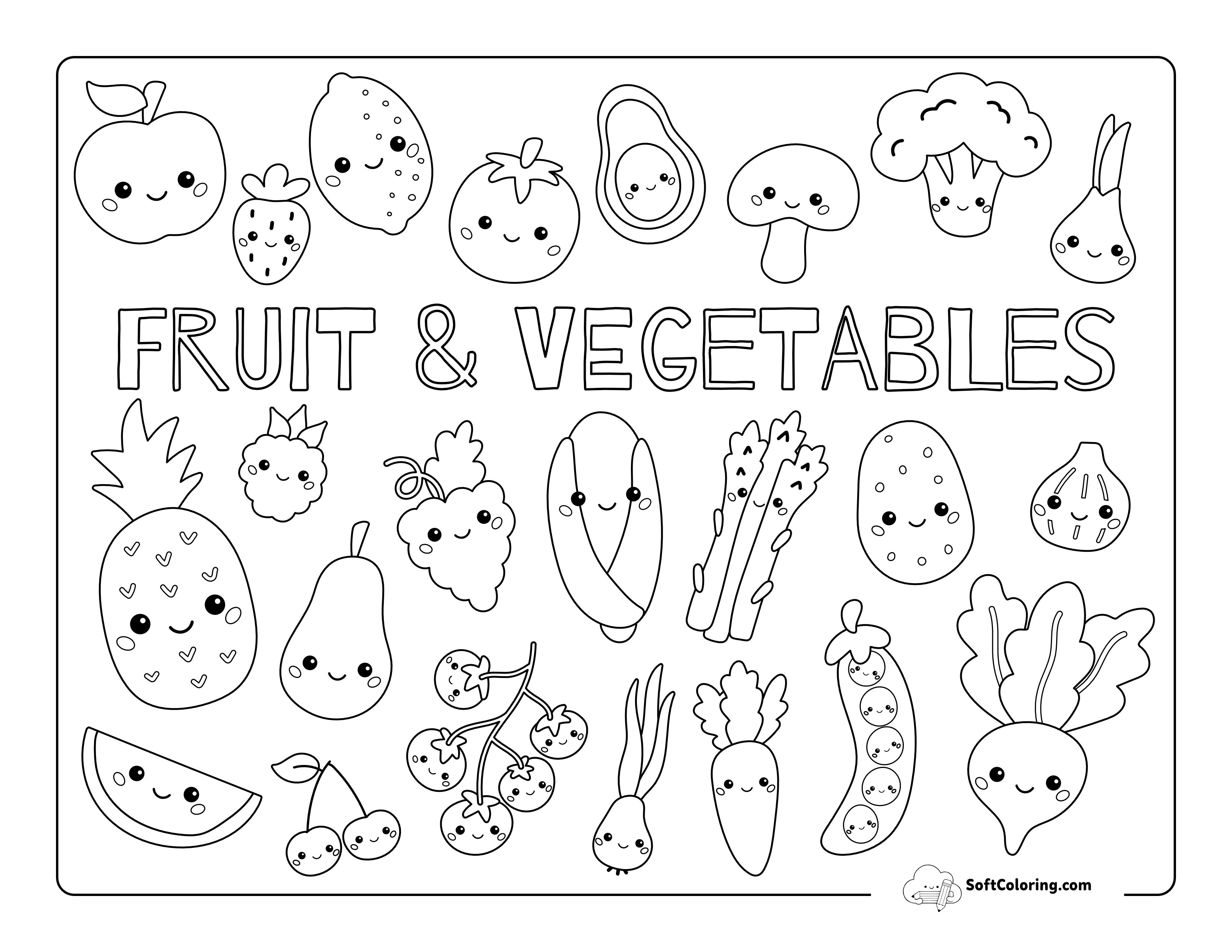 "Fruit & Vegetables" Kawaii Coloring Sheet