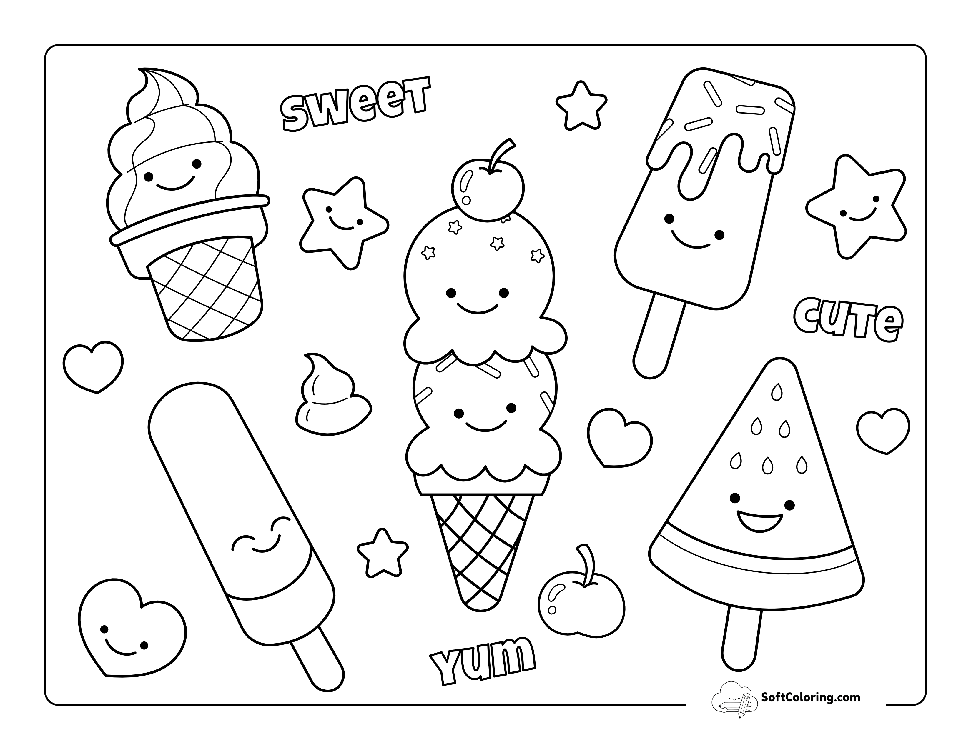 Cute Ice Creams Coloring Page