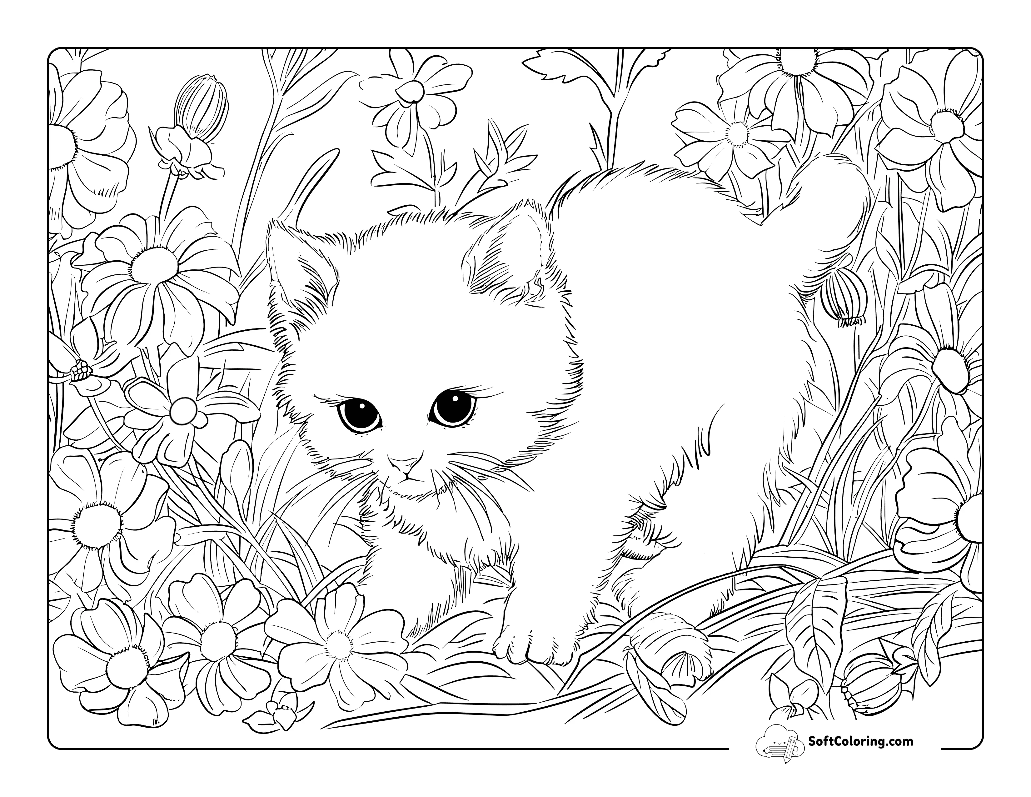 Realistic Kitten & Flower Adult Coloring Page