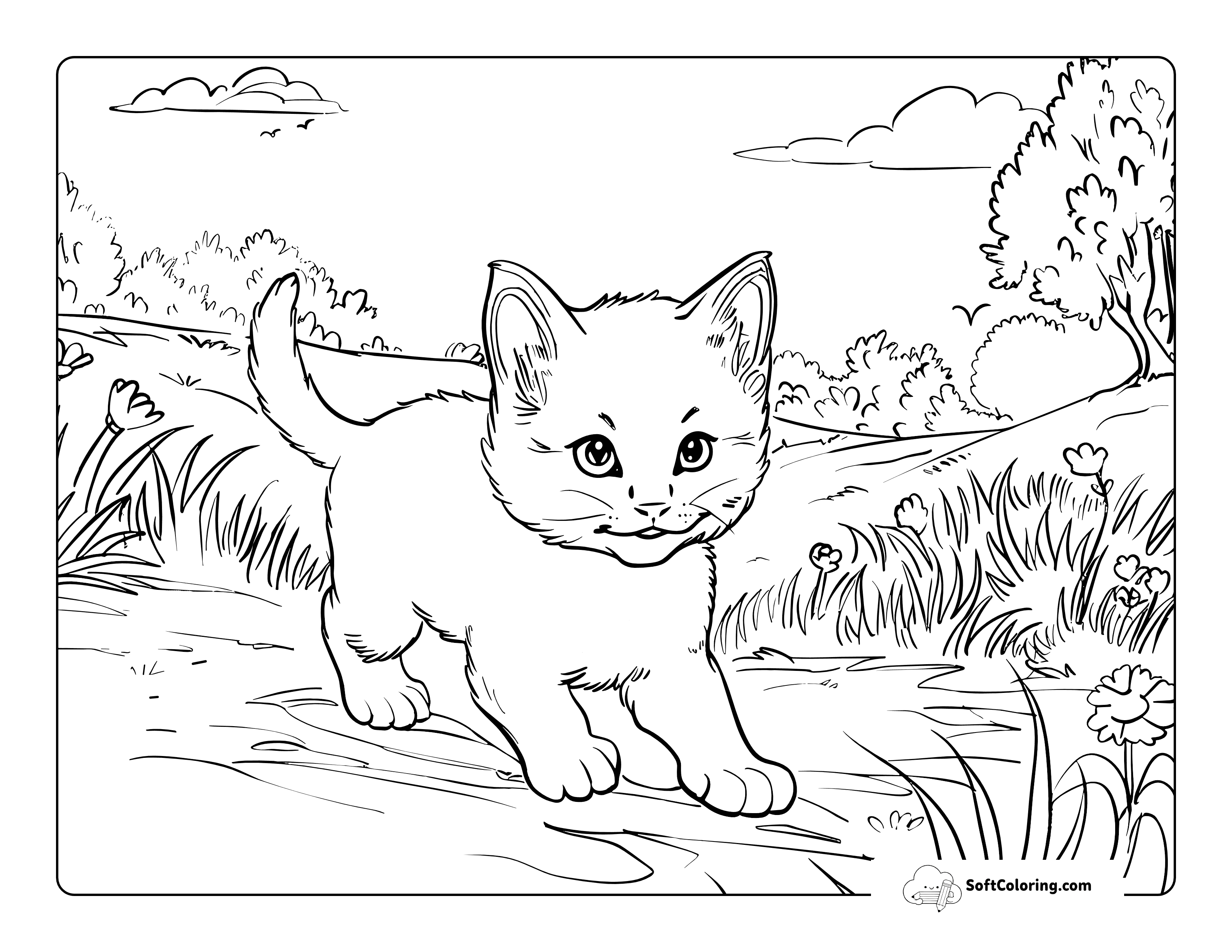 Realistic Kitten In Meadow Coloring Page For Adults