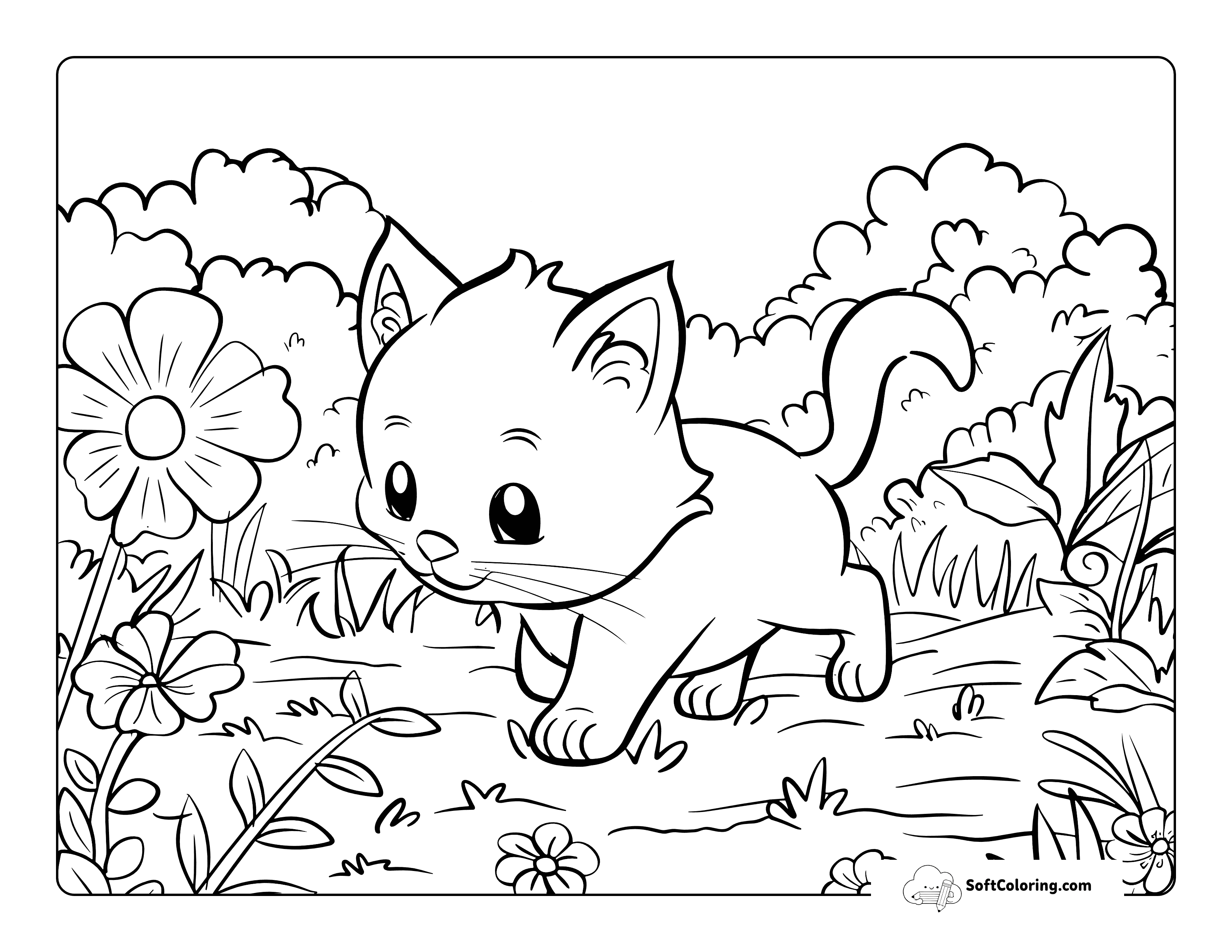 Cartoon Kitten In Meadow Coloring Page For Kids