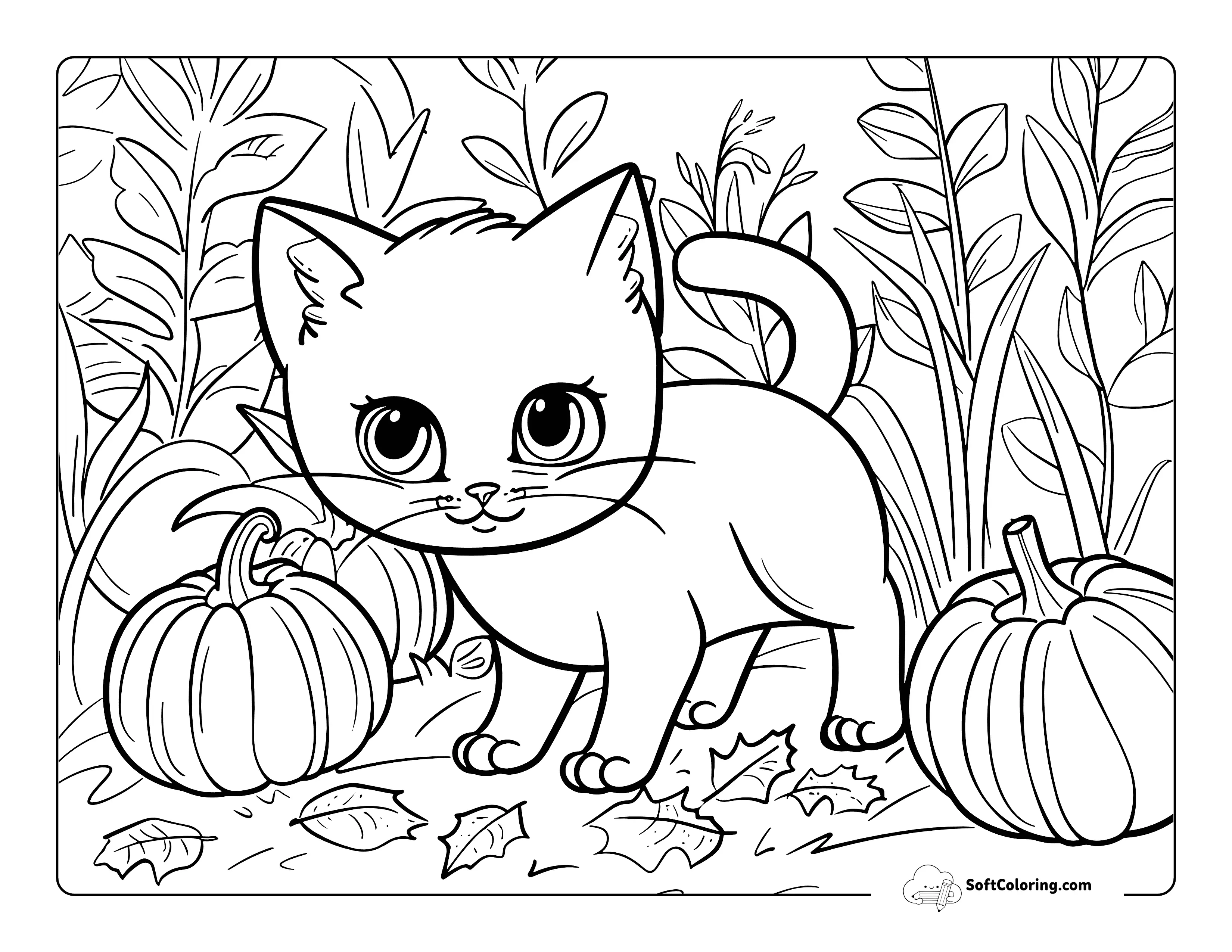 Pumpkin Patch Kitten Coloring Sheet For Kids