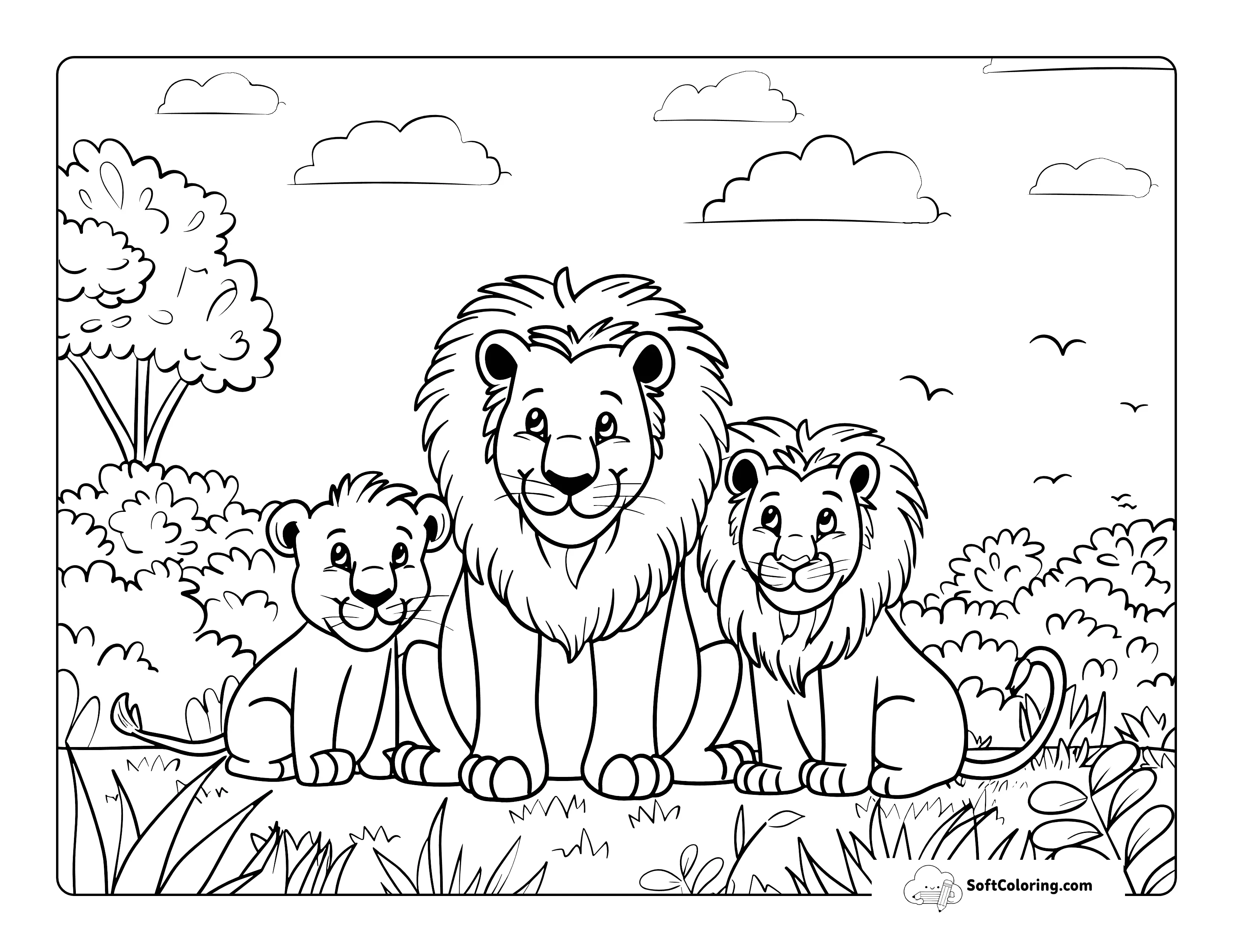 Happy Lion Family Coloring Page For Kids