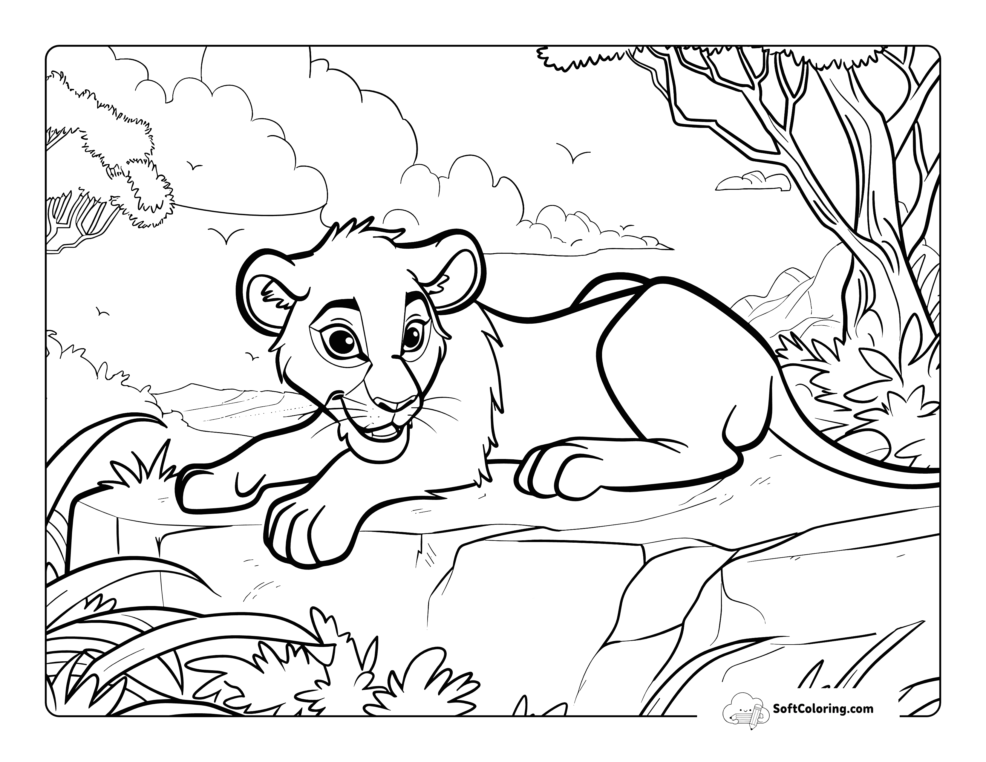Relaxing On A Cliff Printable Lion Coloring Sheet