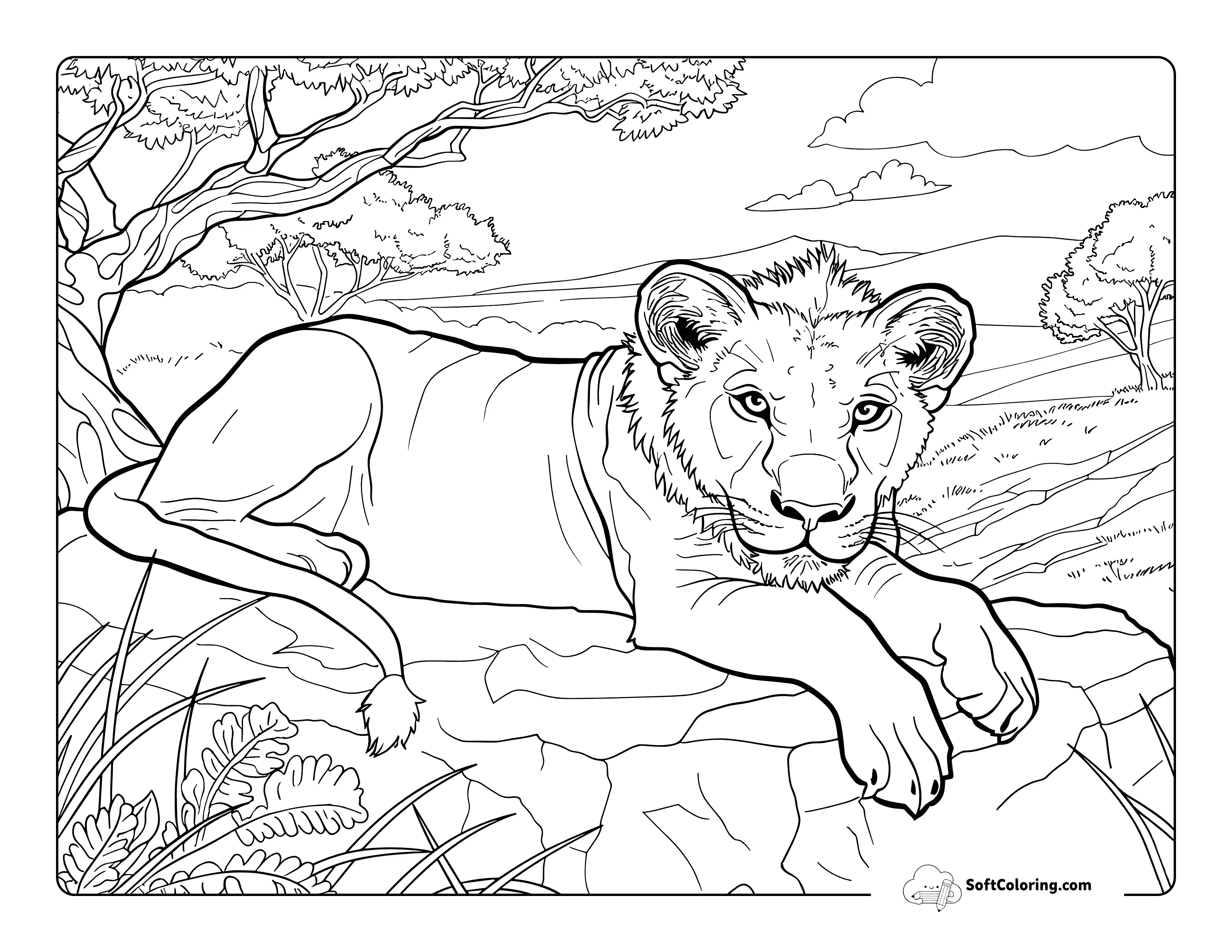 Lion Relaxing On Rock Realistic Coloring Sheet Printable