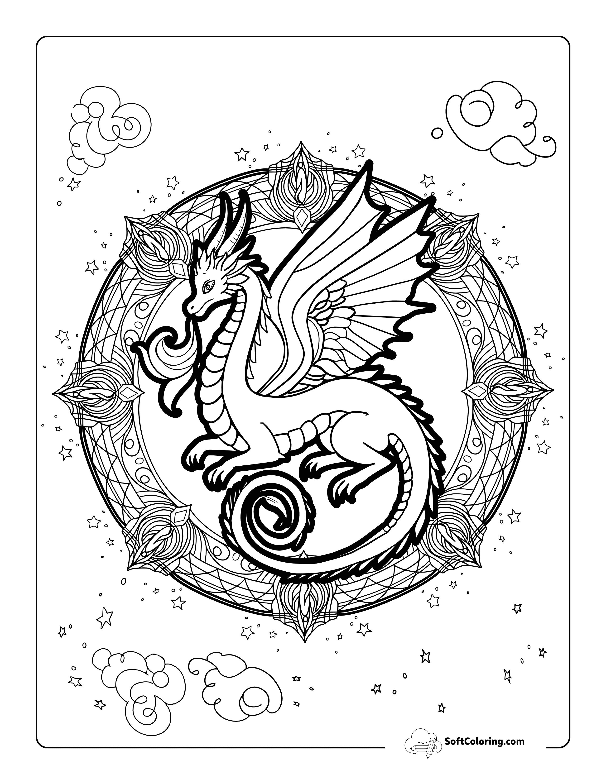 Celestial Dragon Mandala Coloring Page For Adults