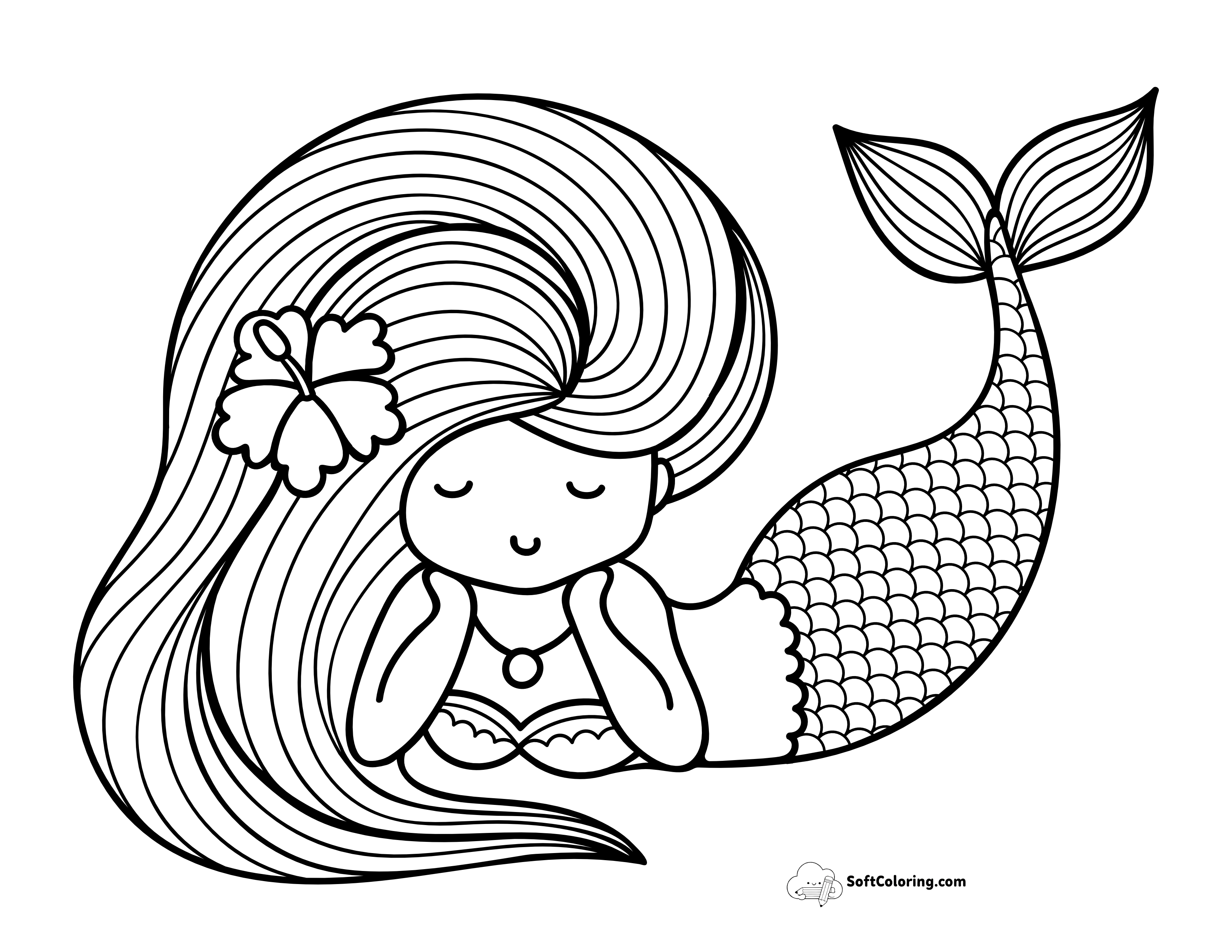 Cute Flowing Hair Mermaid Coloring Page