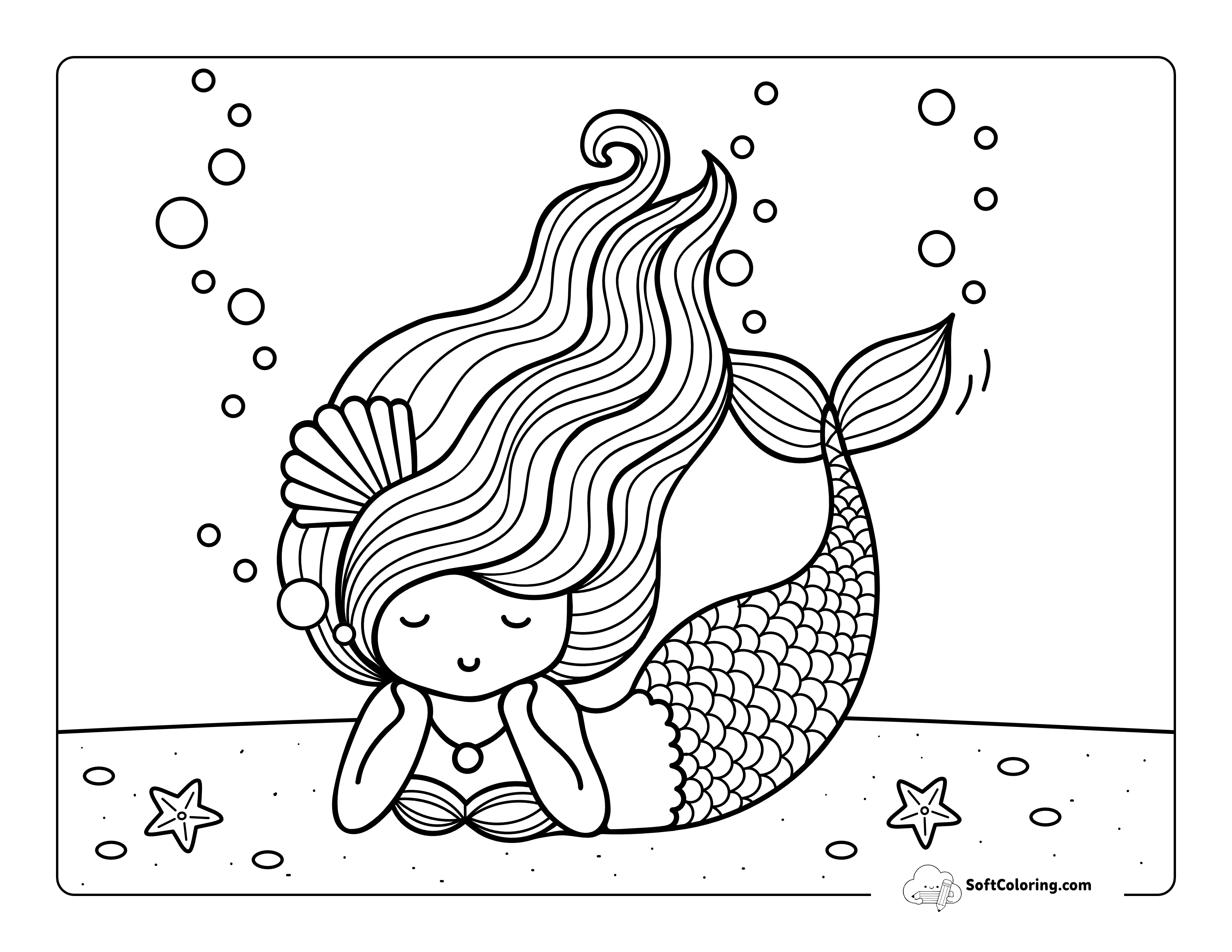 Pretty Mermaid Coloring Page With Shell