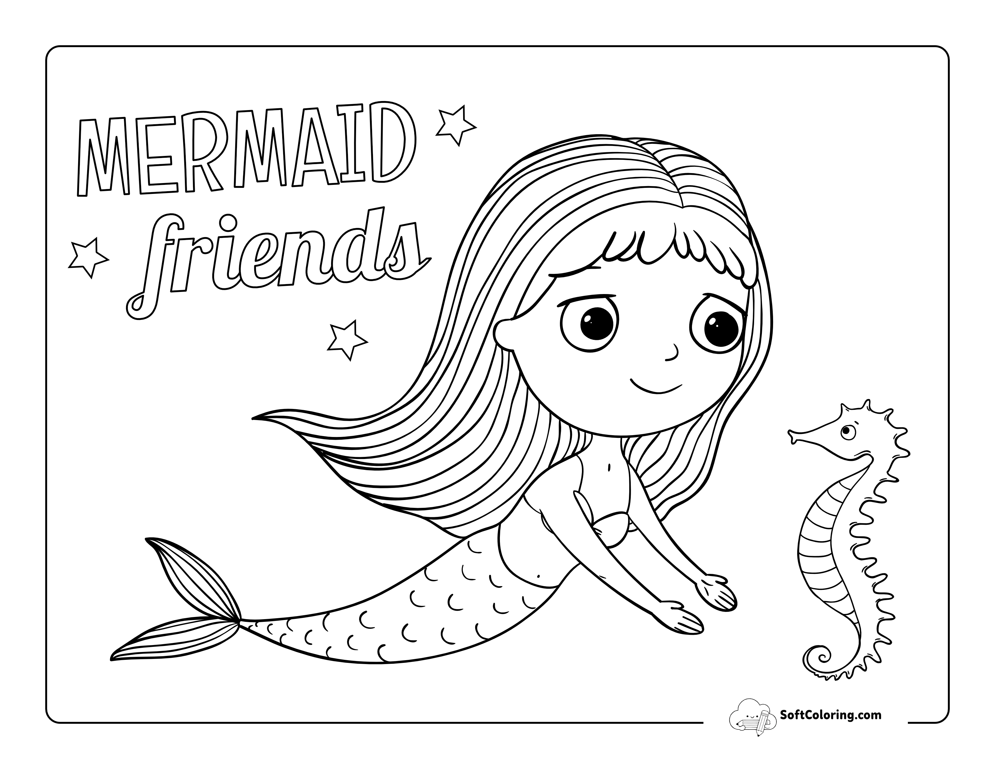 Seahorse & Mermaid Coloring Page For Kids