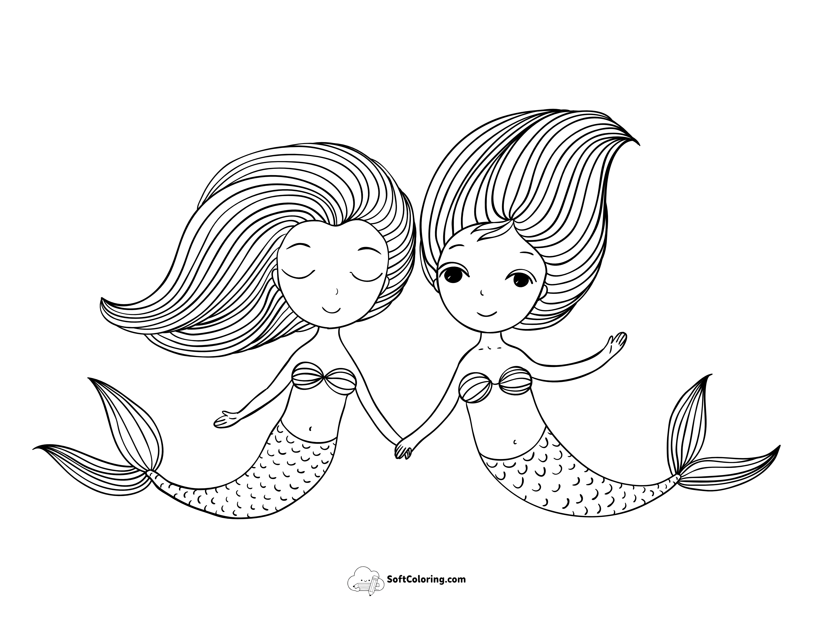 Two Mermaids Holding Hands To Color