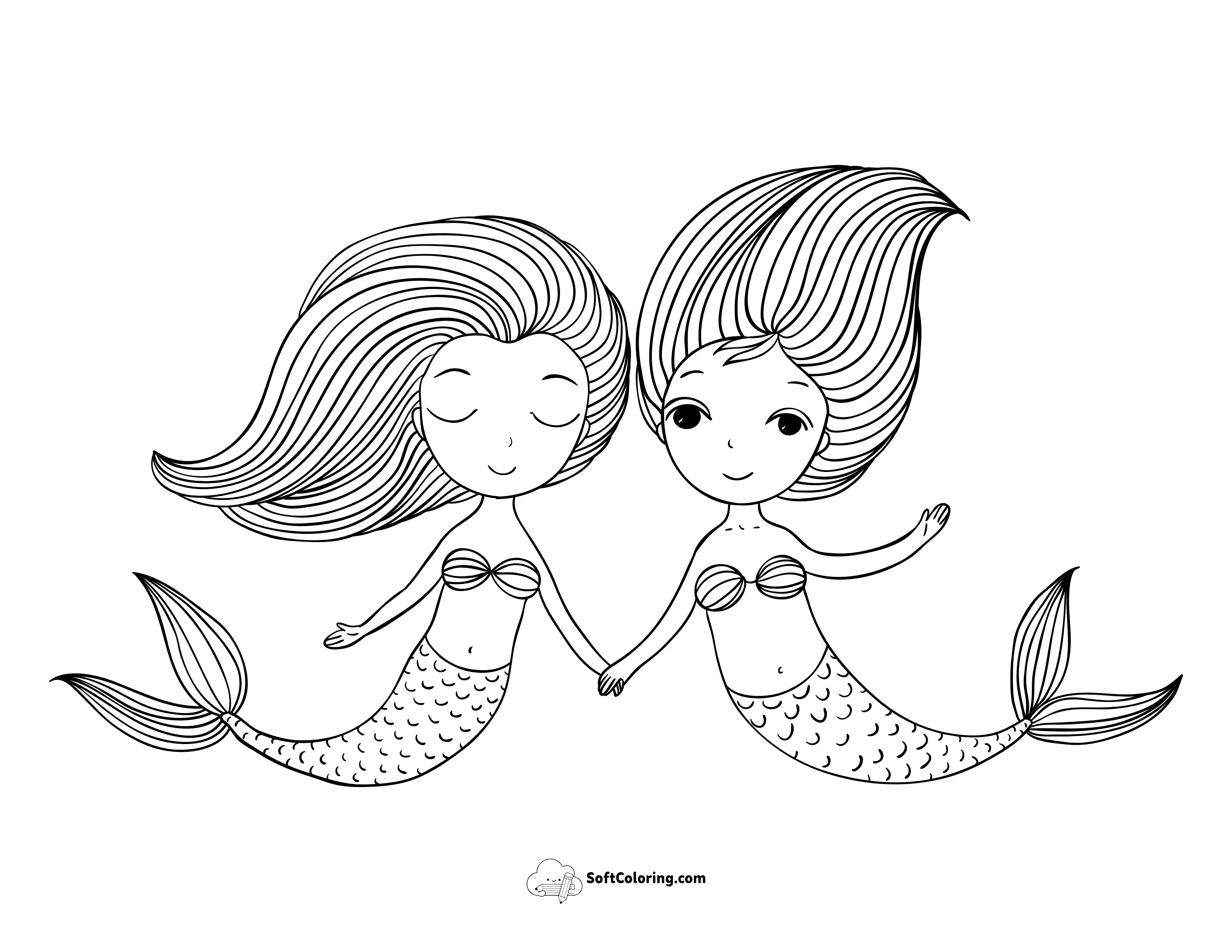 Two Mermaids Holding Hands To Color