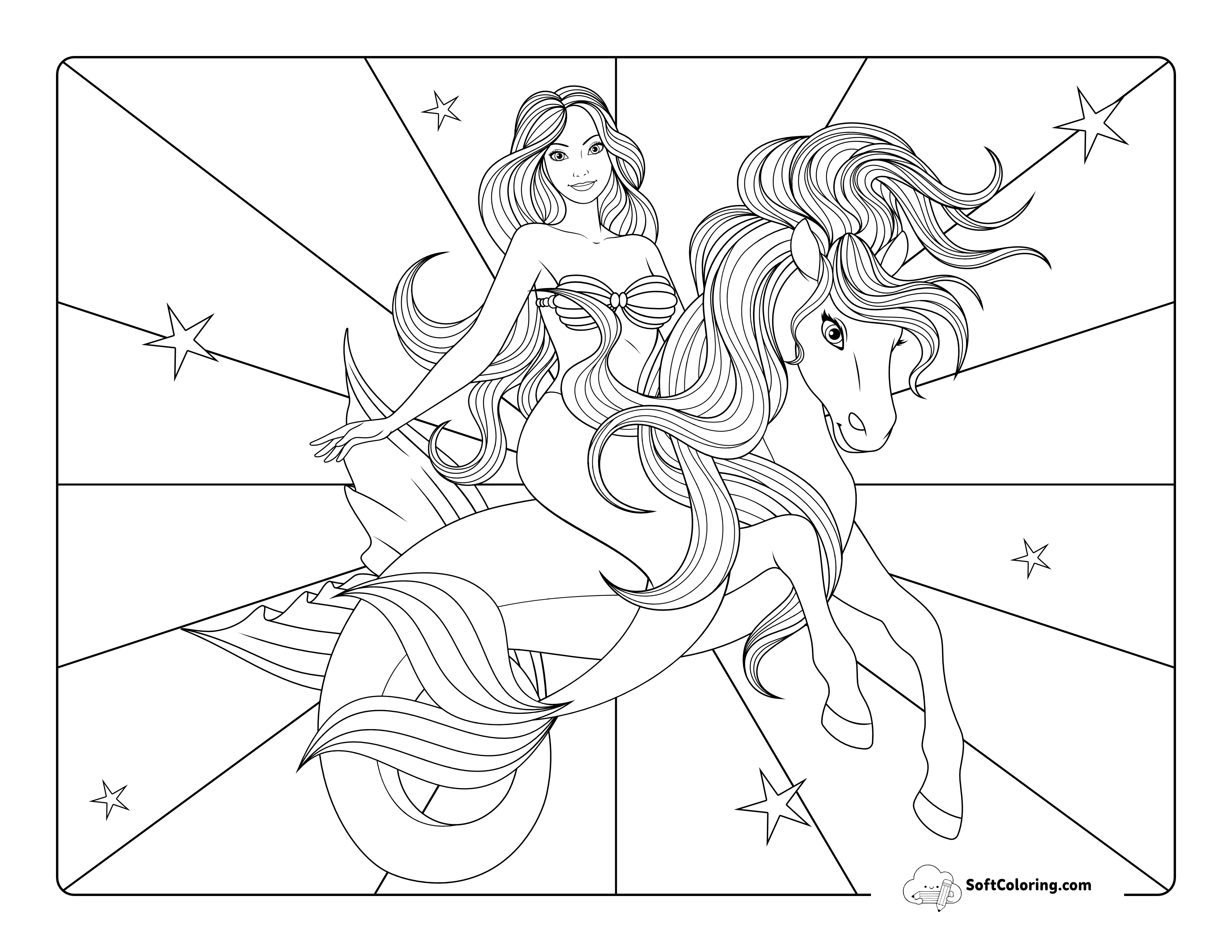 Mermaid On Majestic Seahorse Coloring Page