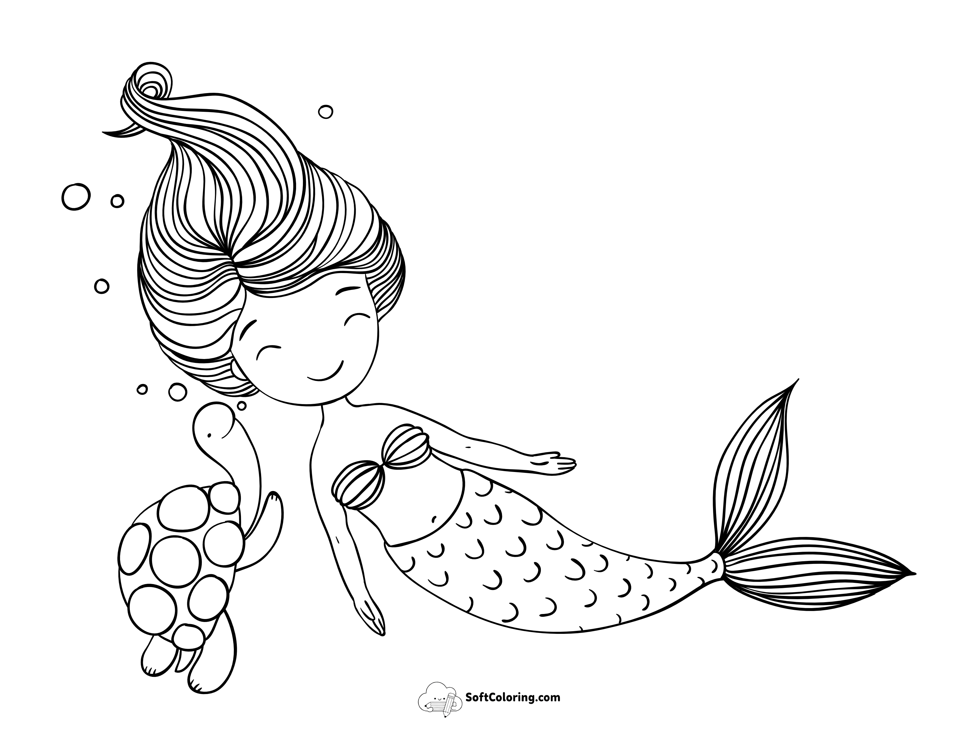 Cute Mermaid With Turtle Coloring Page