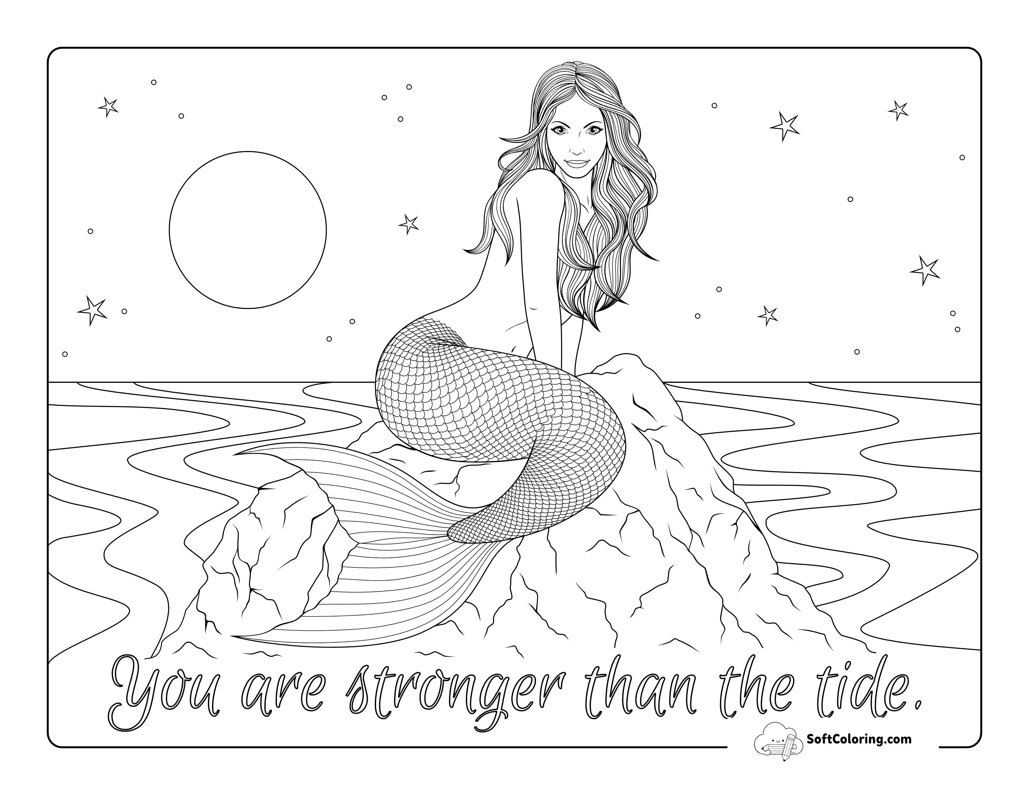 Mermaid On A Rock Coloring Sheet For Adults