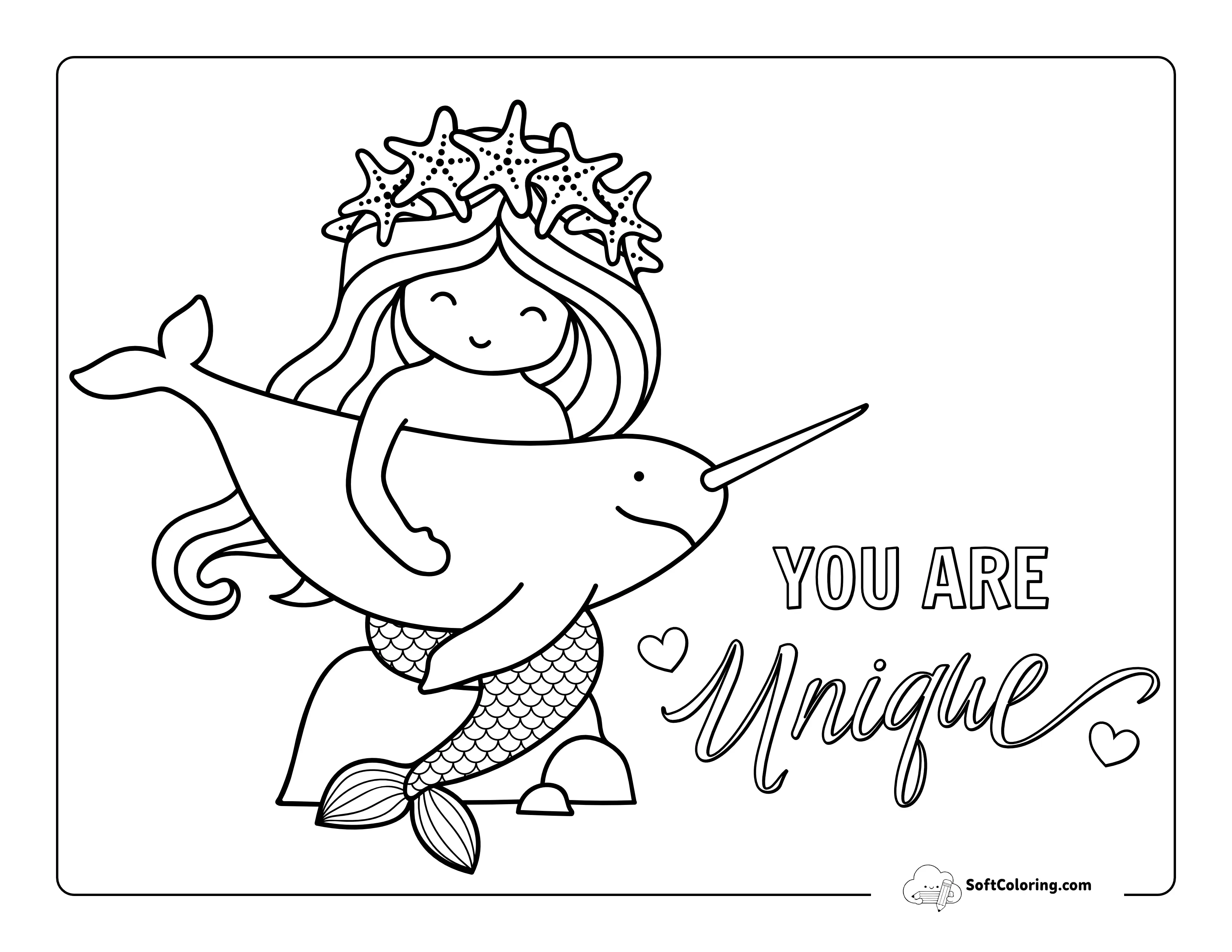 Narwhal And Mermaid Coloring Sheet