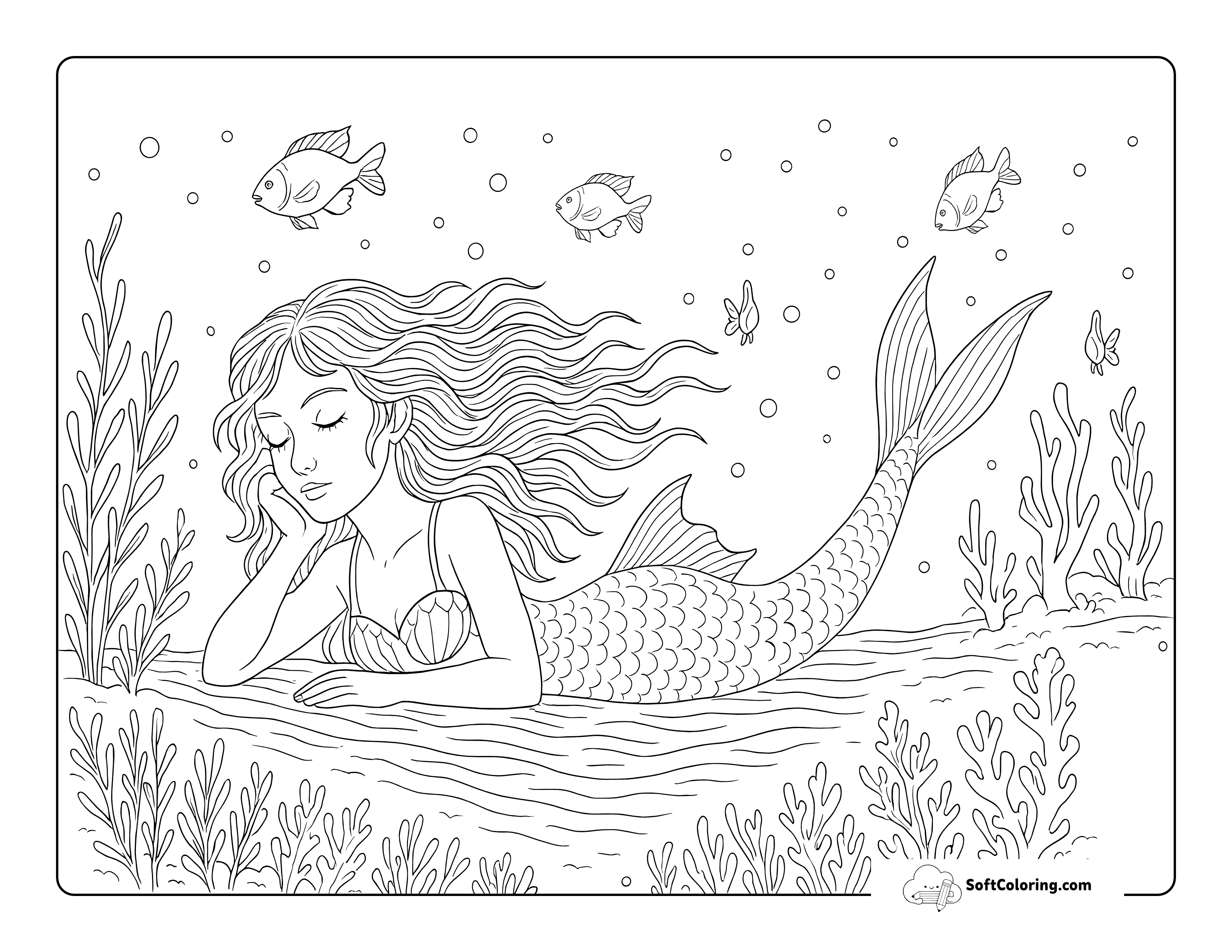 Beautiful Mermaid Resting On Ocean Floor Drawing To Color