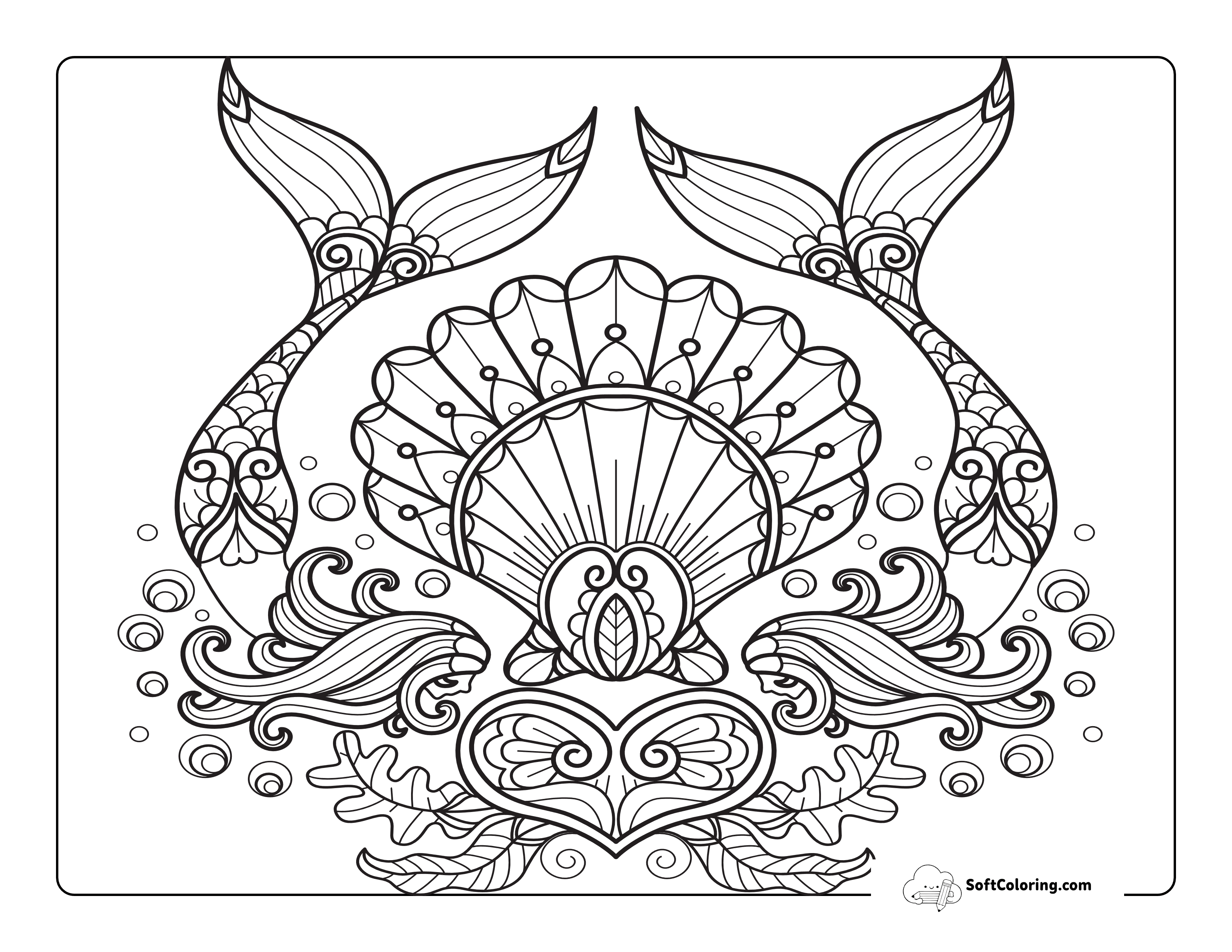 Patterned Shell And Mermaids Coloring Page For Adults