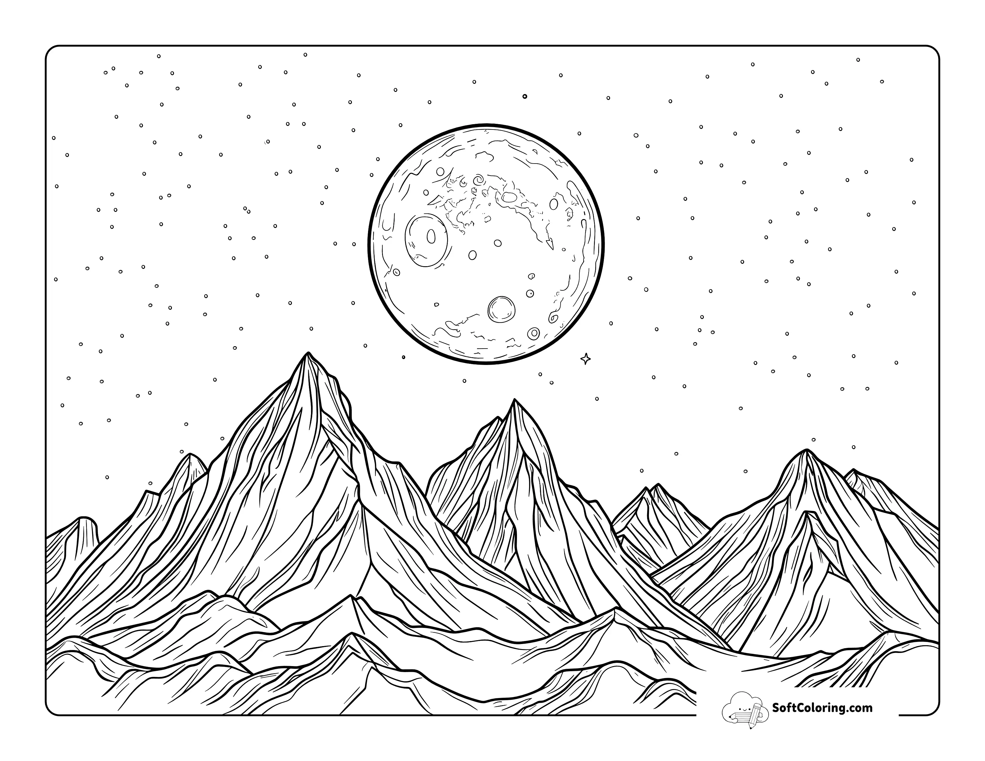 Mountainous Landscape Full Moon Coloring Sheet For Adults