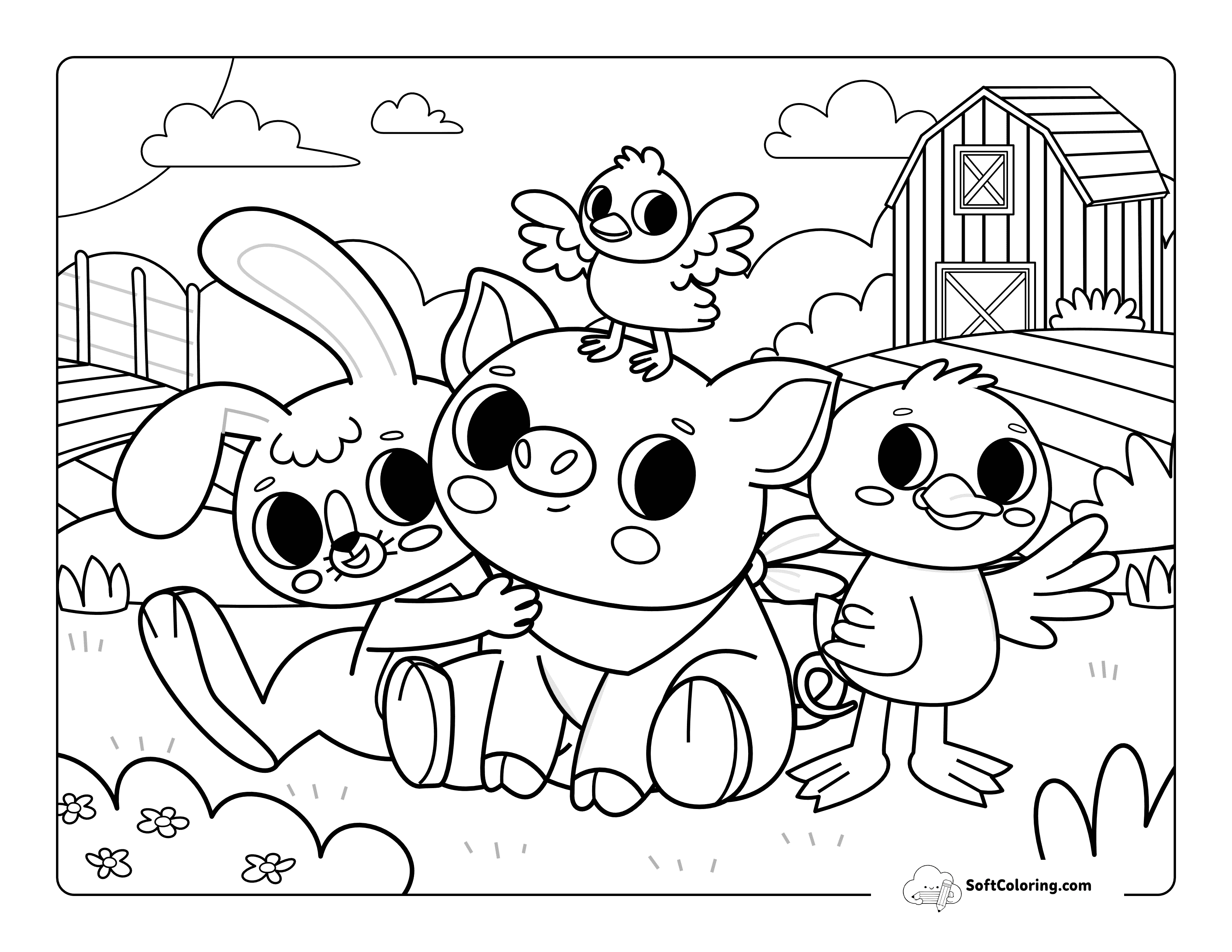 Cute Baby Pig With Farm Animal Friends Picture To Color