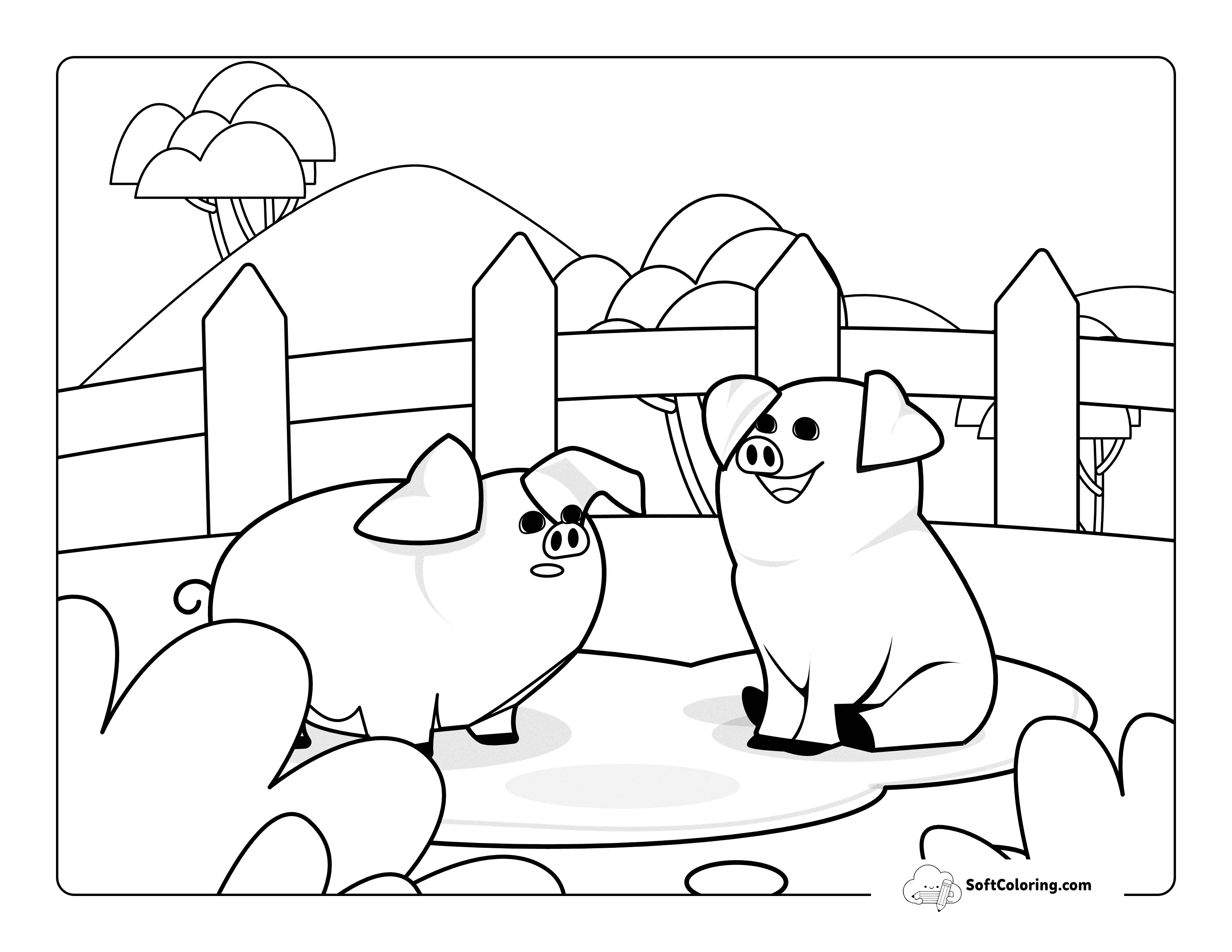 Easy Cute Pigs In Mud Coloring Sheet