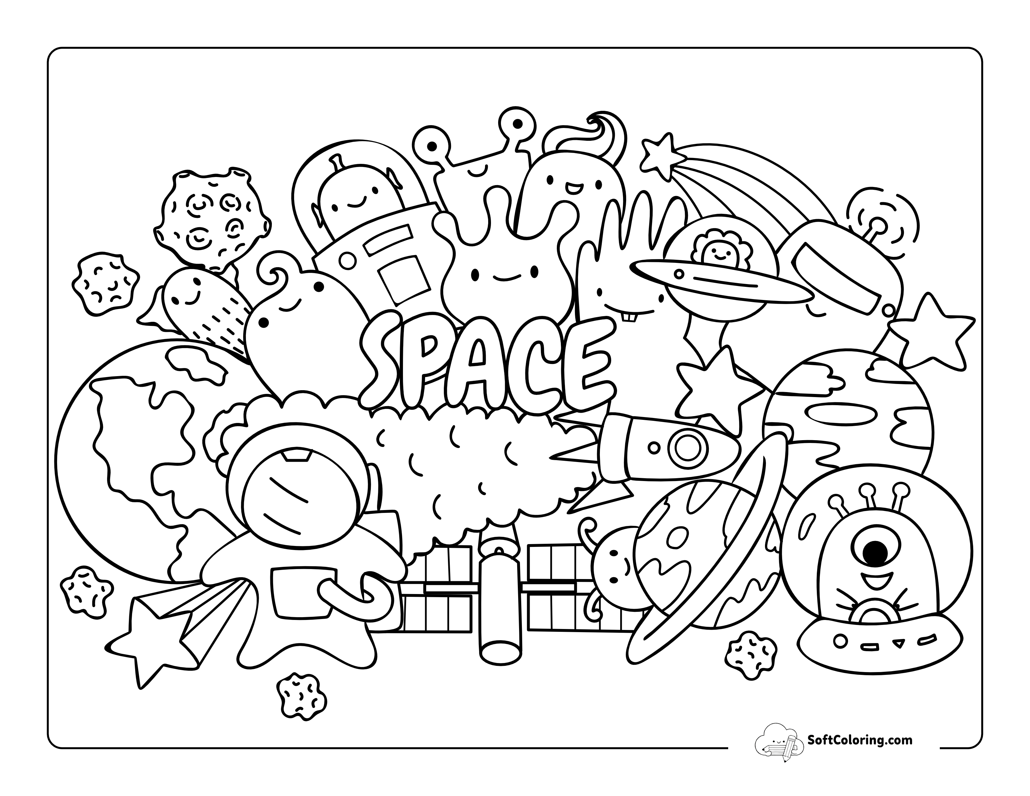 Kawaii Space Creatures Coloring Page