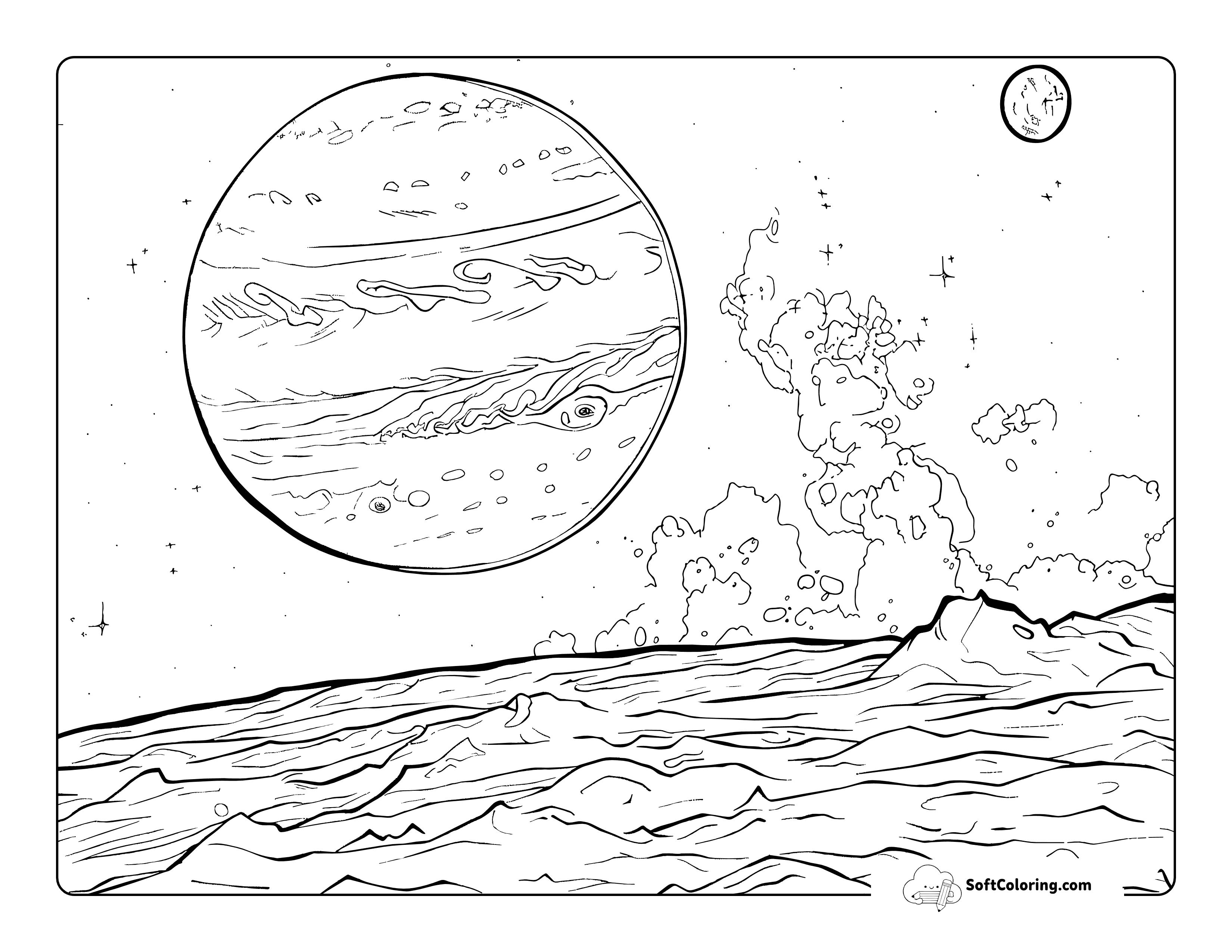 Jupiter And Europa Realistic Space Coloring Page For Adults