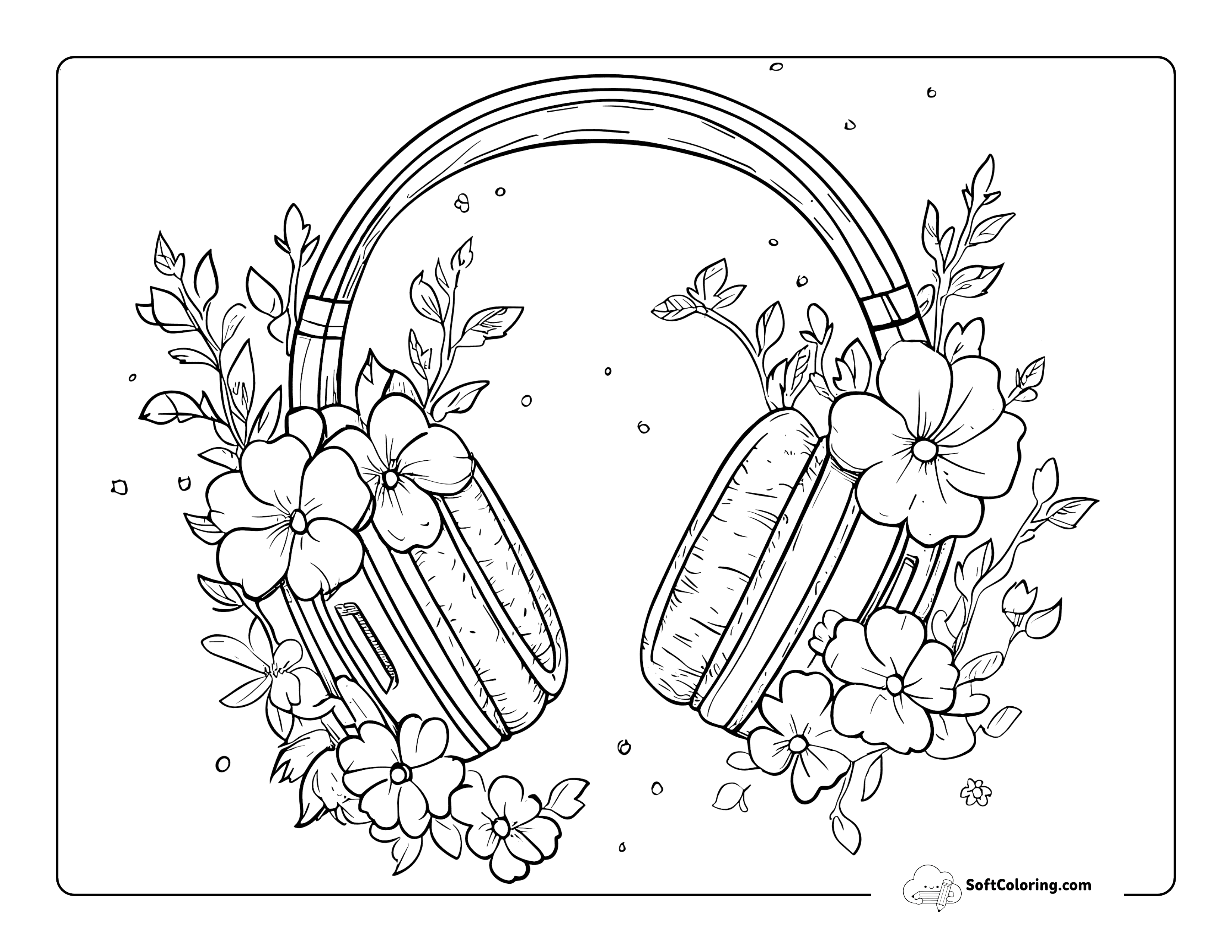 Aesthetic Headphones And Flowers Preppy Coloring Page