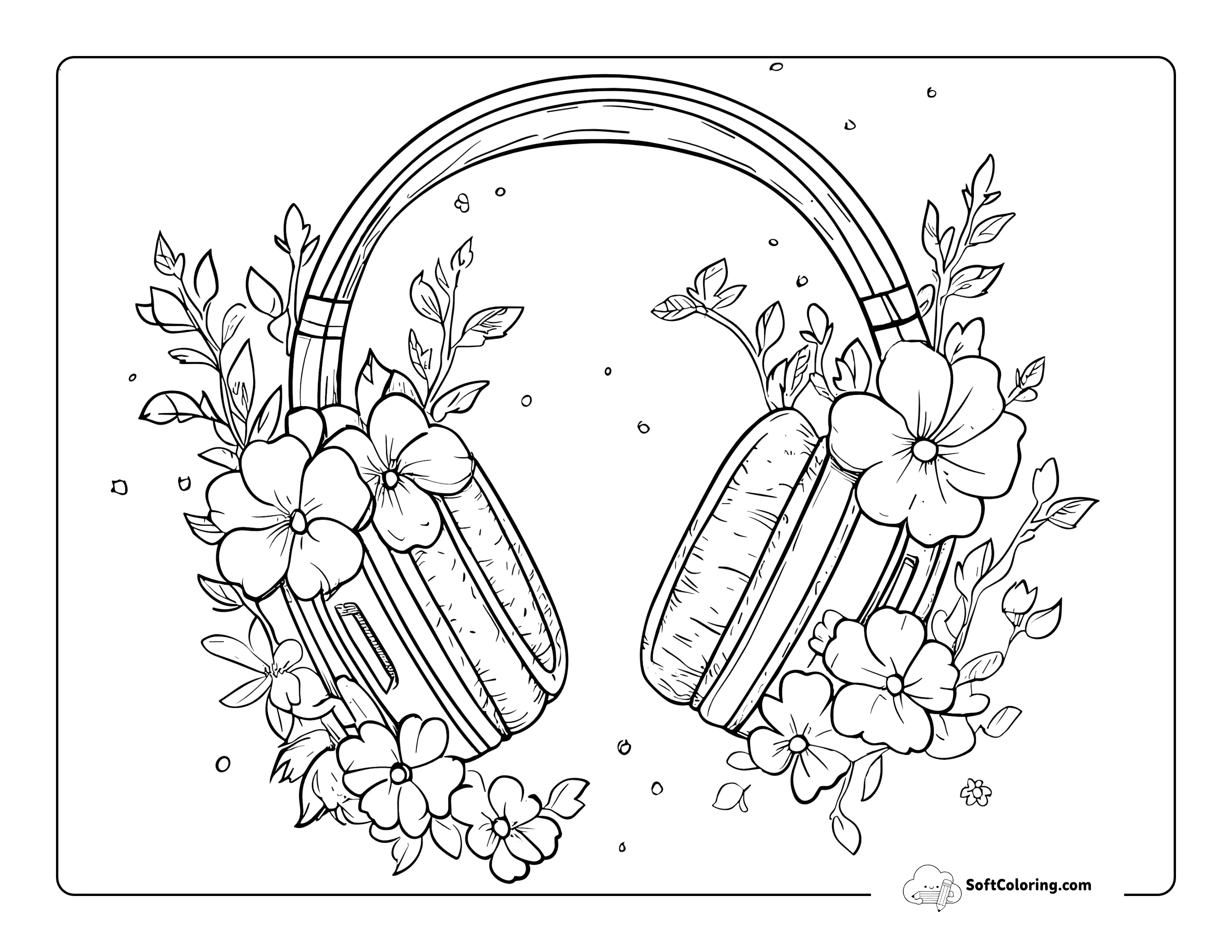 Aesthetic Headphones And Flowers Preppy Coloring Page