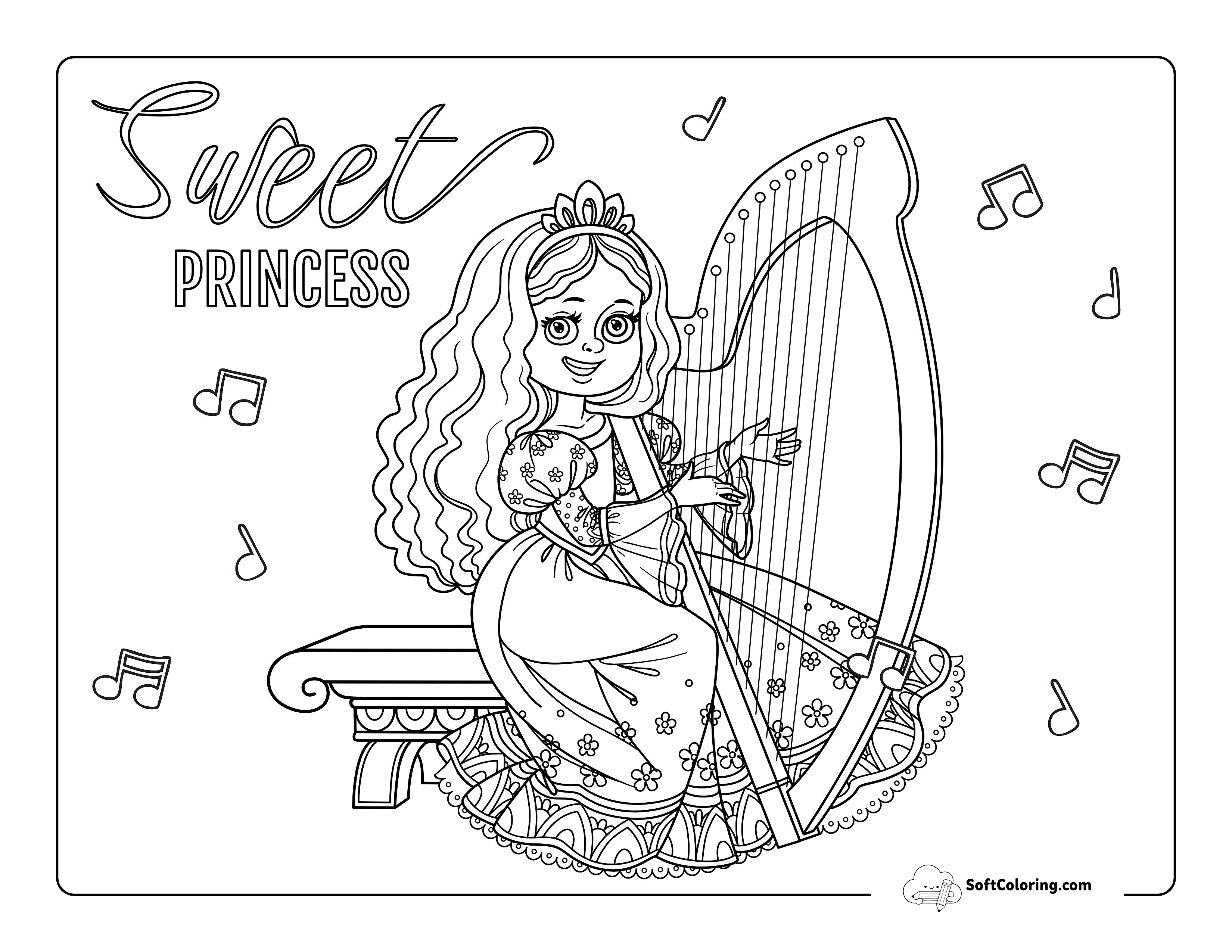 Princess Playing The Harp Coloring Sheet
