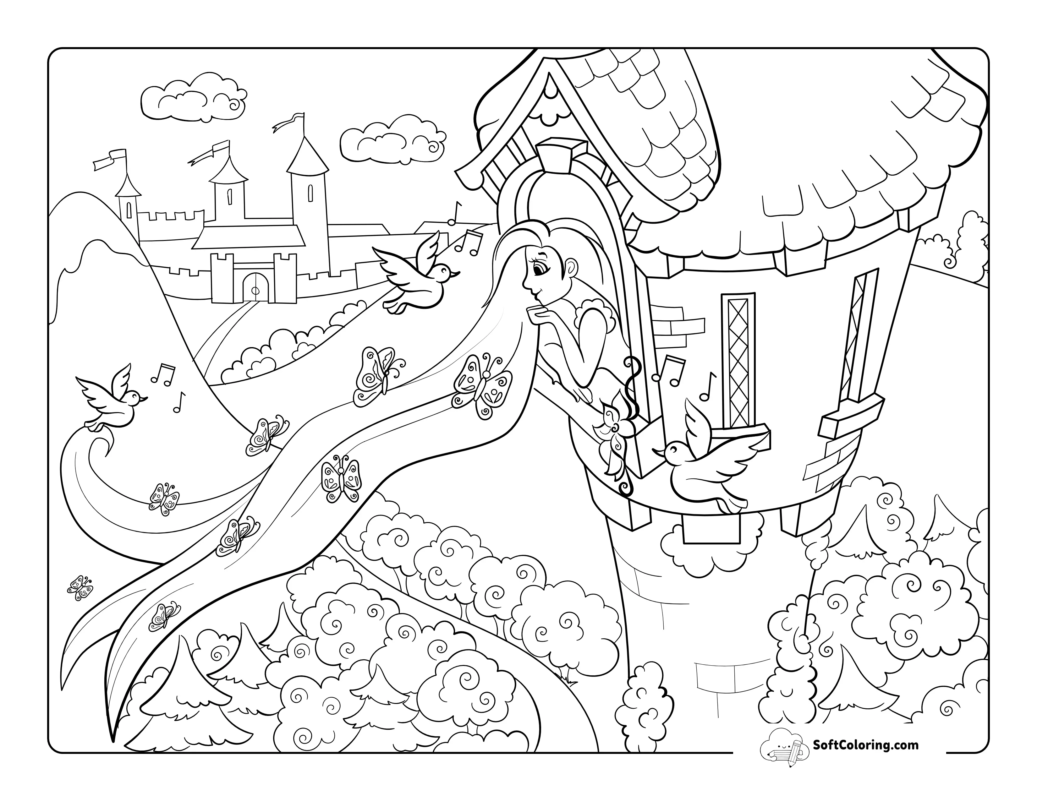 Princess Rapunzel With Butterflies In Her Hair Picture To Color