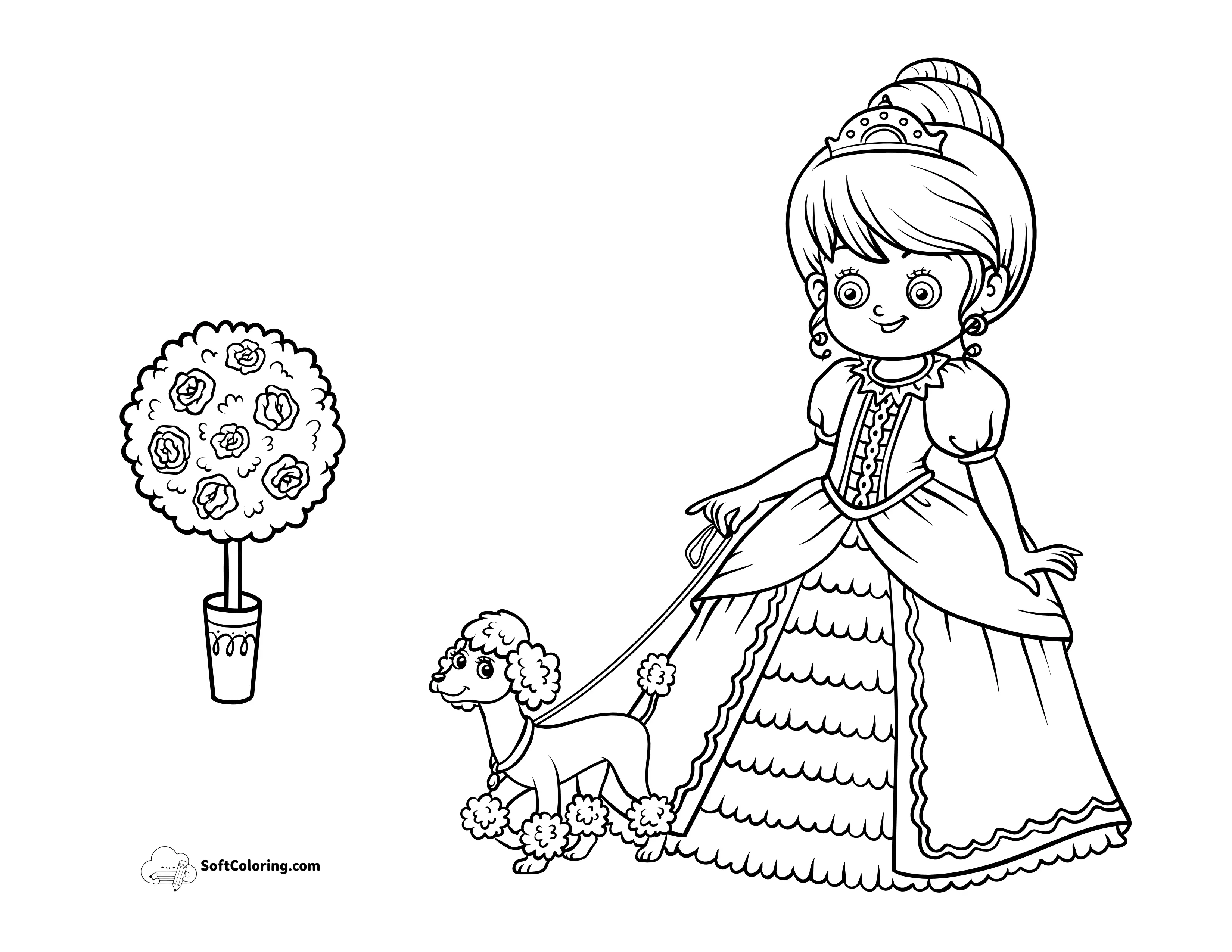 Princess Walking Poodle Coloring Page