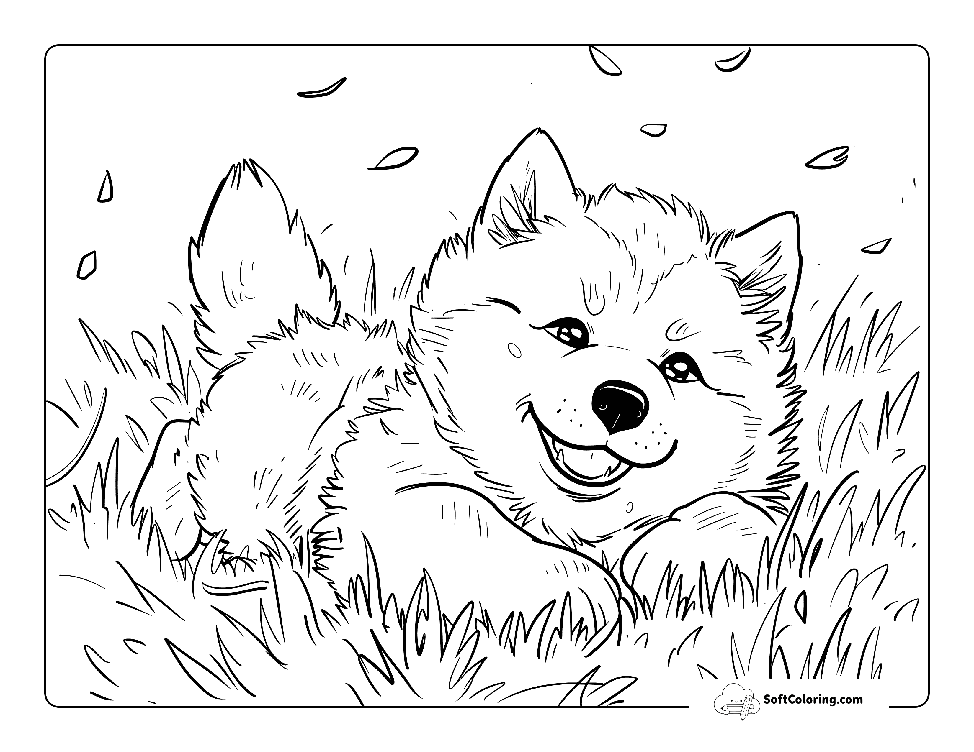 Adorable Fluffy Puppy Rolling In Grass Coloring Page