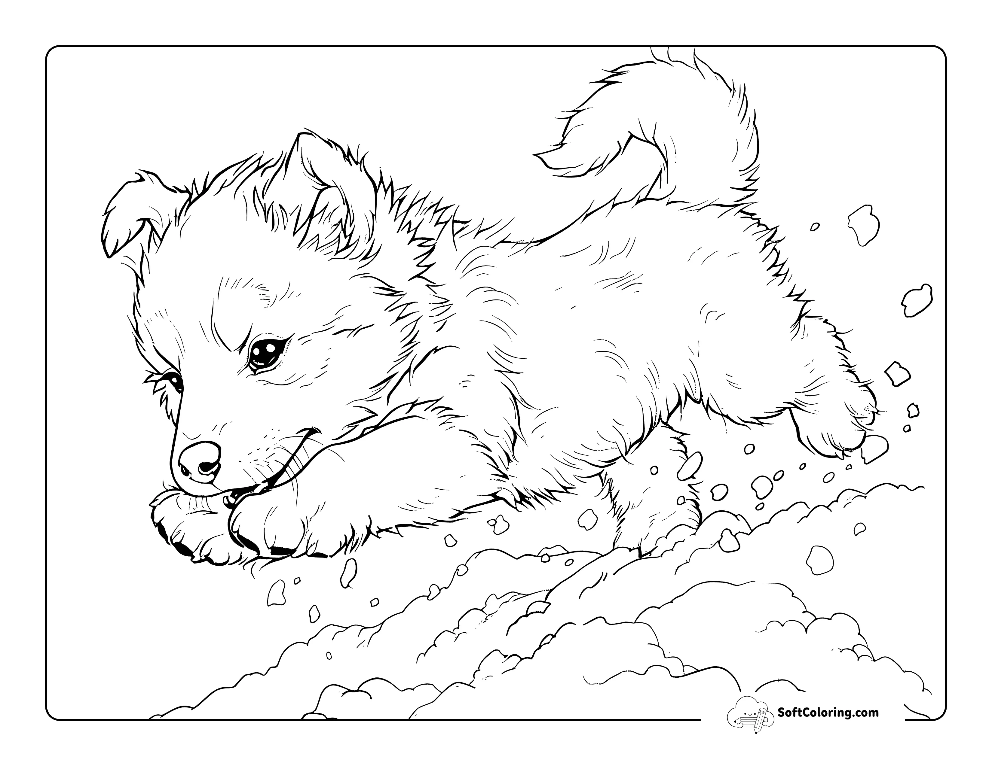Adorable Husky Puppy Leaping In Snow Coloring Page