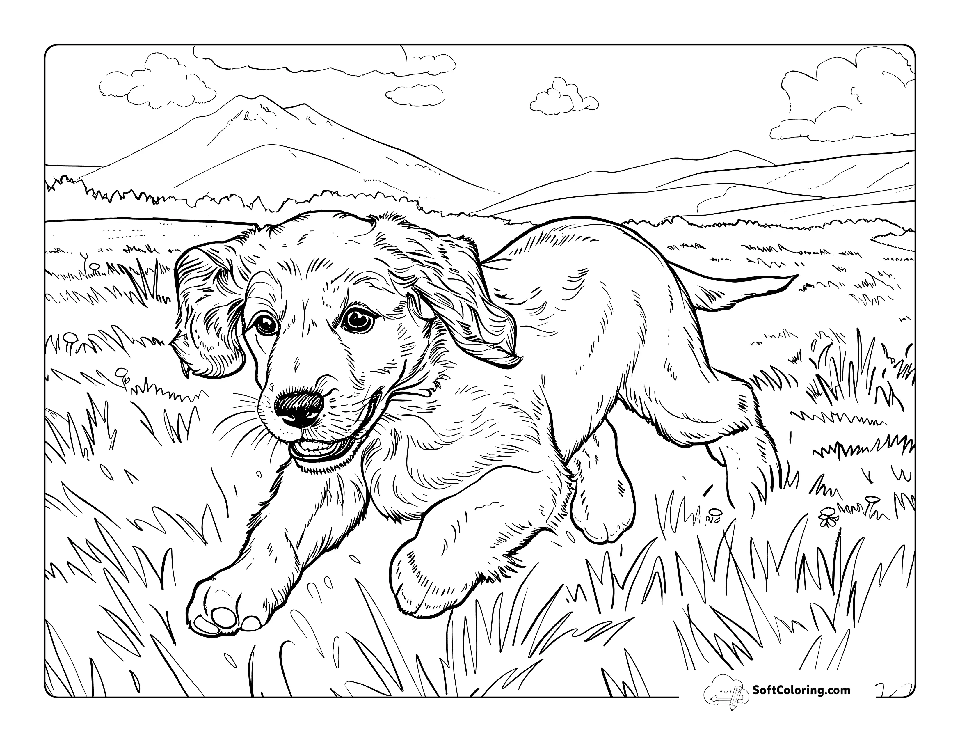 Playful Realistic Puppy Scenic Running Coloring Page