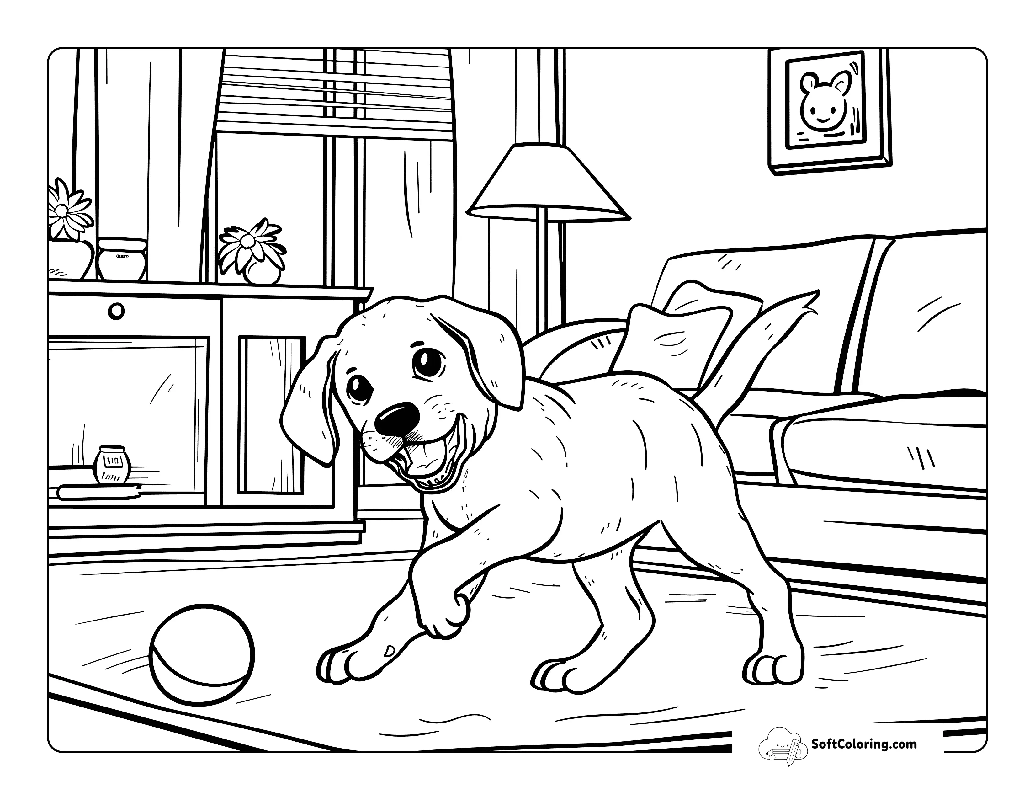 Puppy Playing With A Ball Easy Coloring Scene