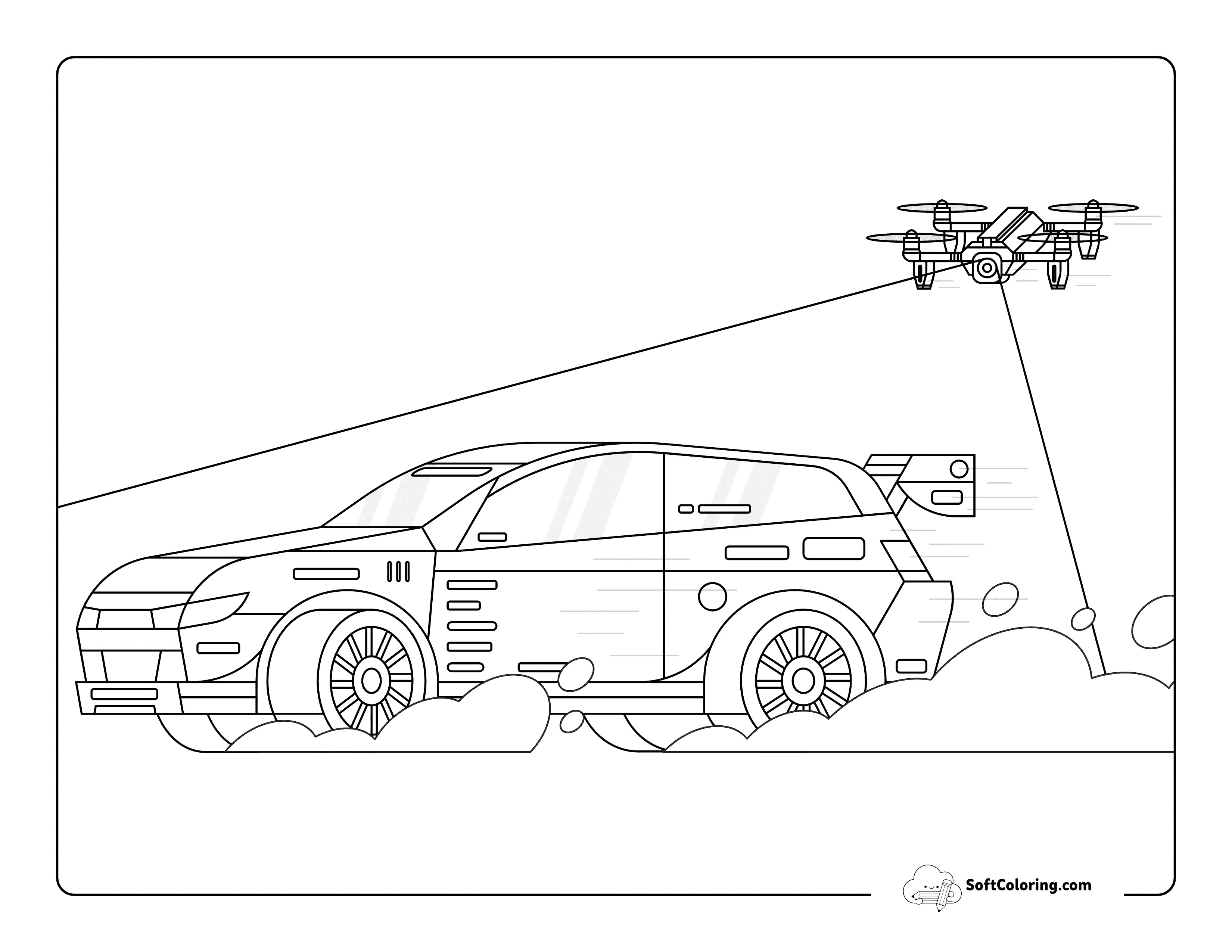 Simple Rally Race Car And Drone Outline To Color