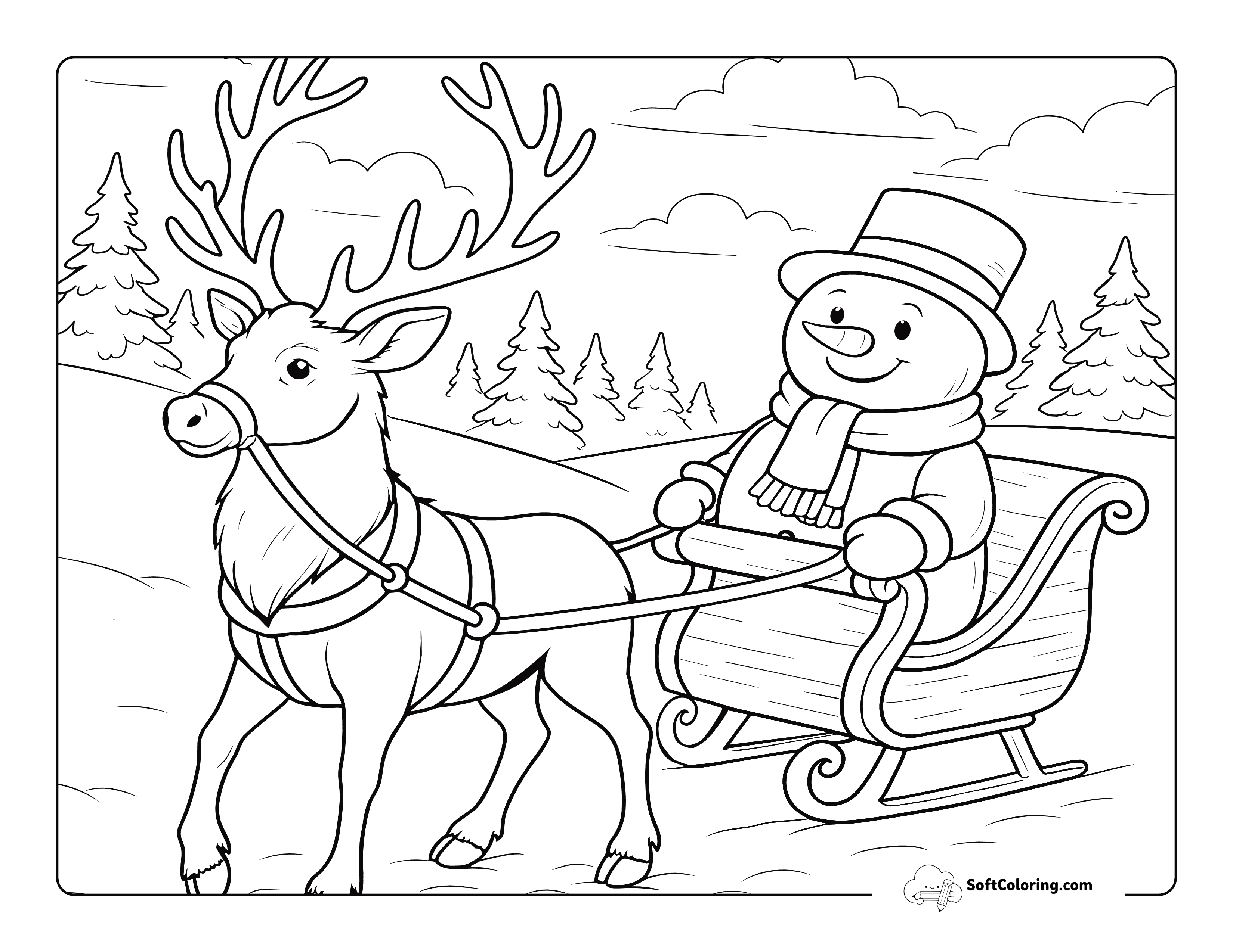 Realistic Raindeer Pulling Sleigh With Snowman