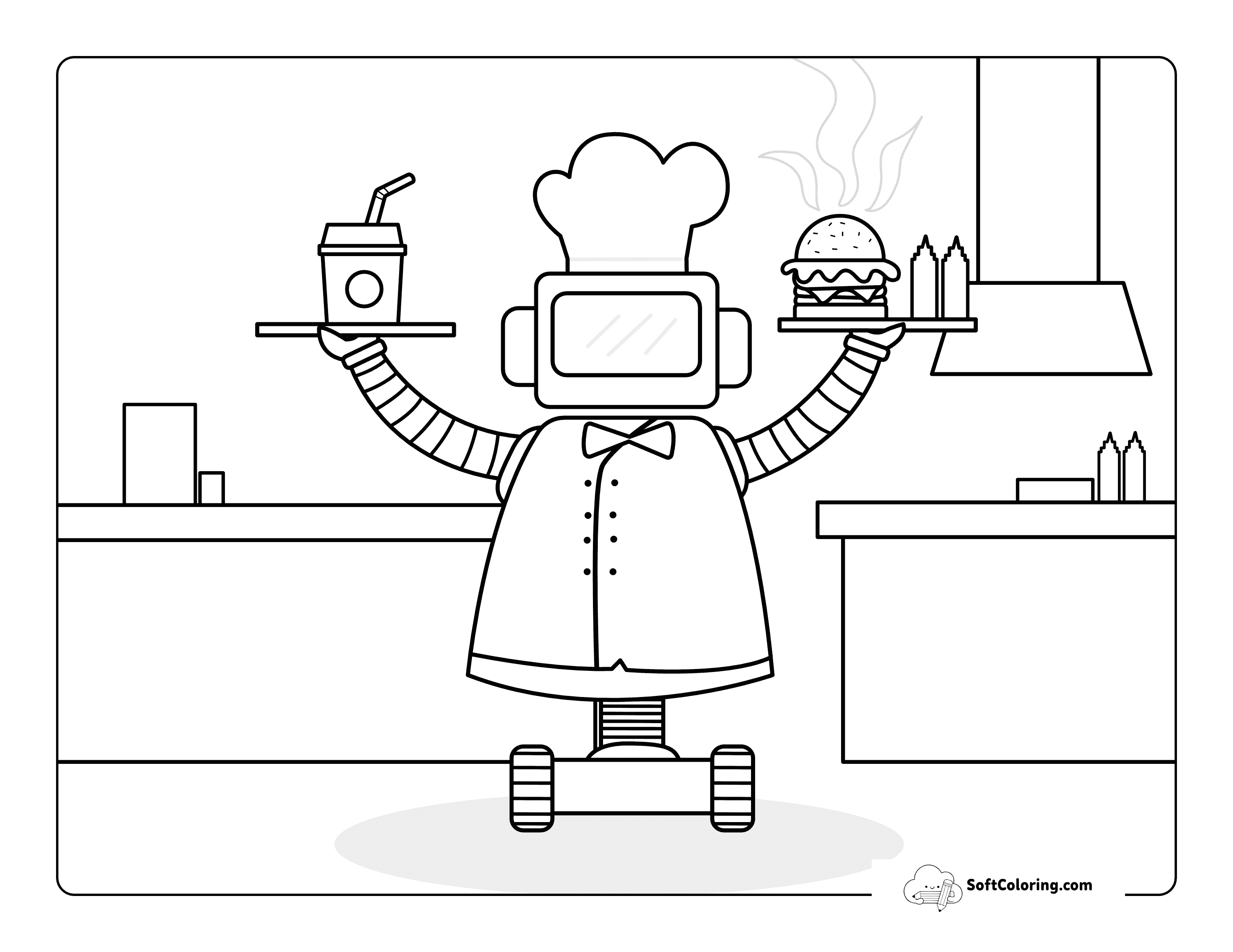 Cool Robot Waiter Serving Food Coloring Page