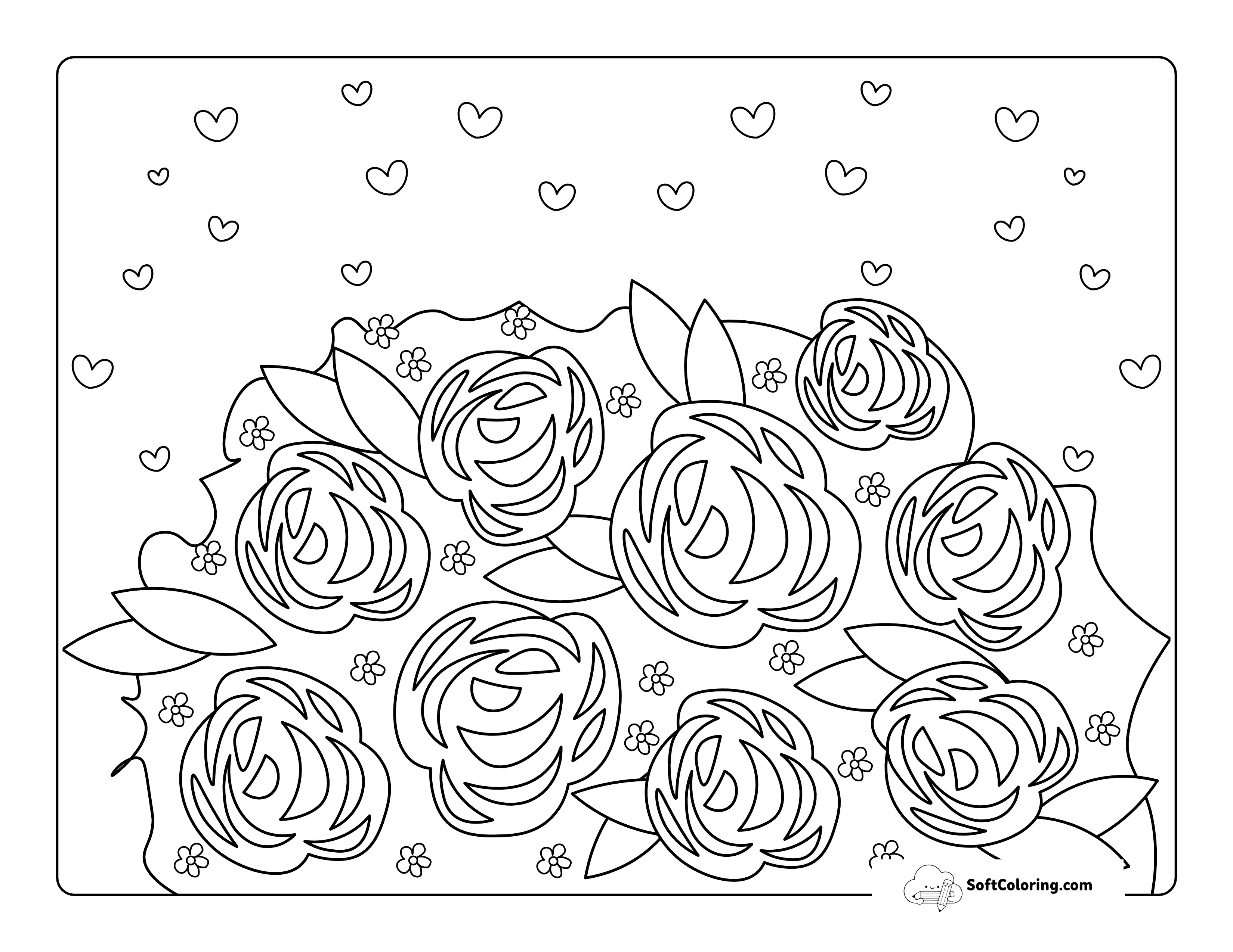 Lovely Rose Bush And Hearts Coloring Page
