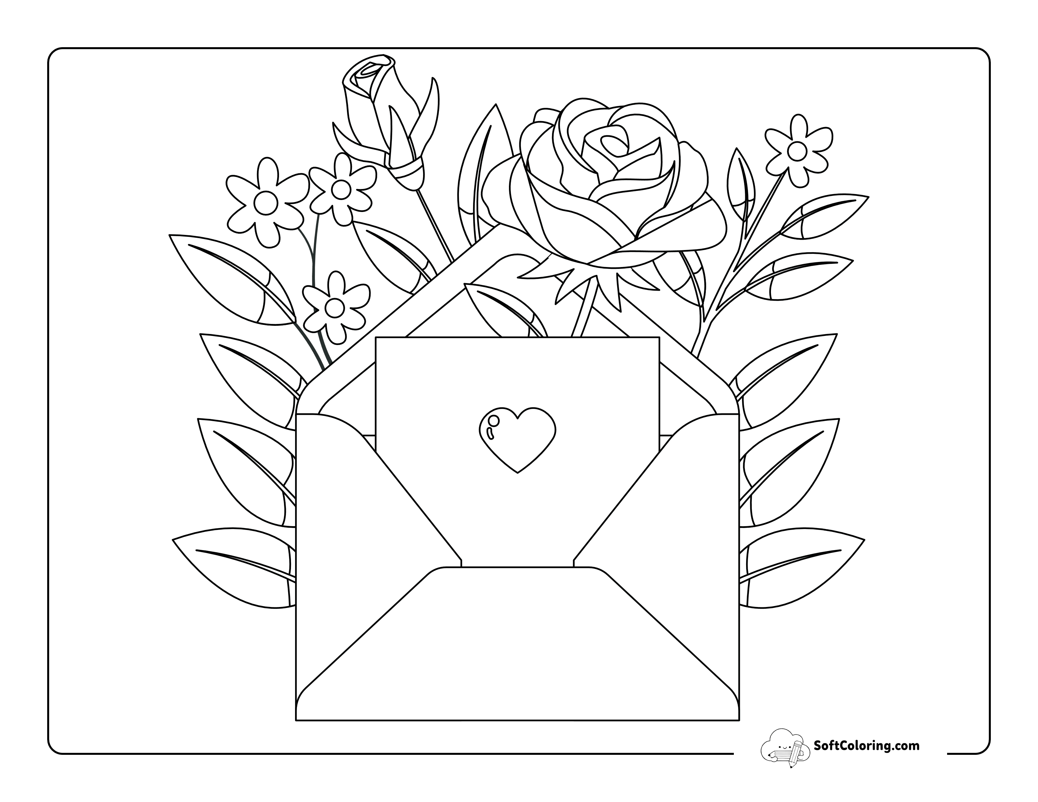 Romantic Envelope With Flowers Outline