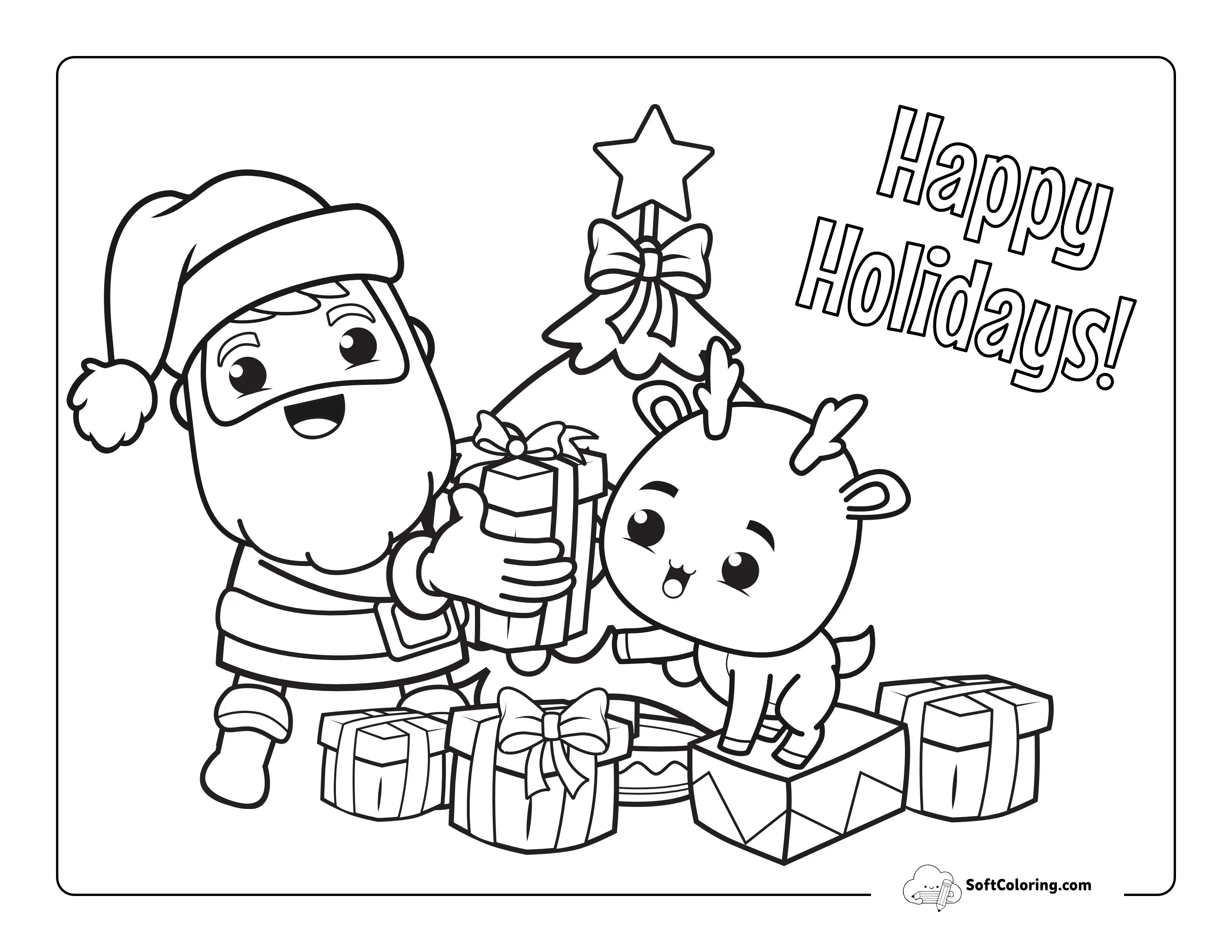 Kawaii Santa And Reindeer Picture To Color