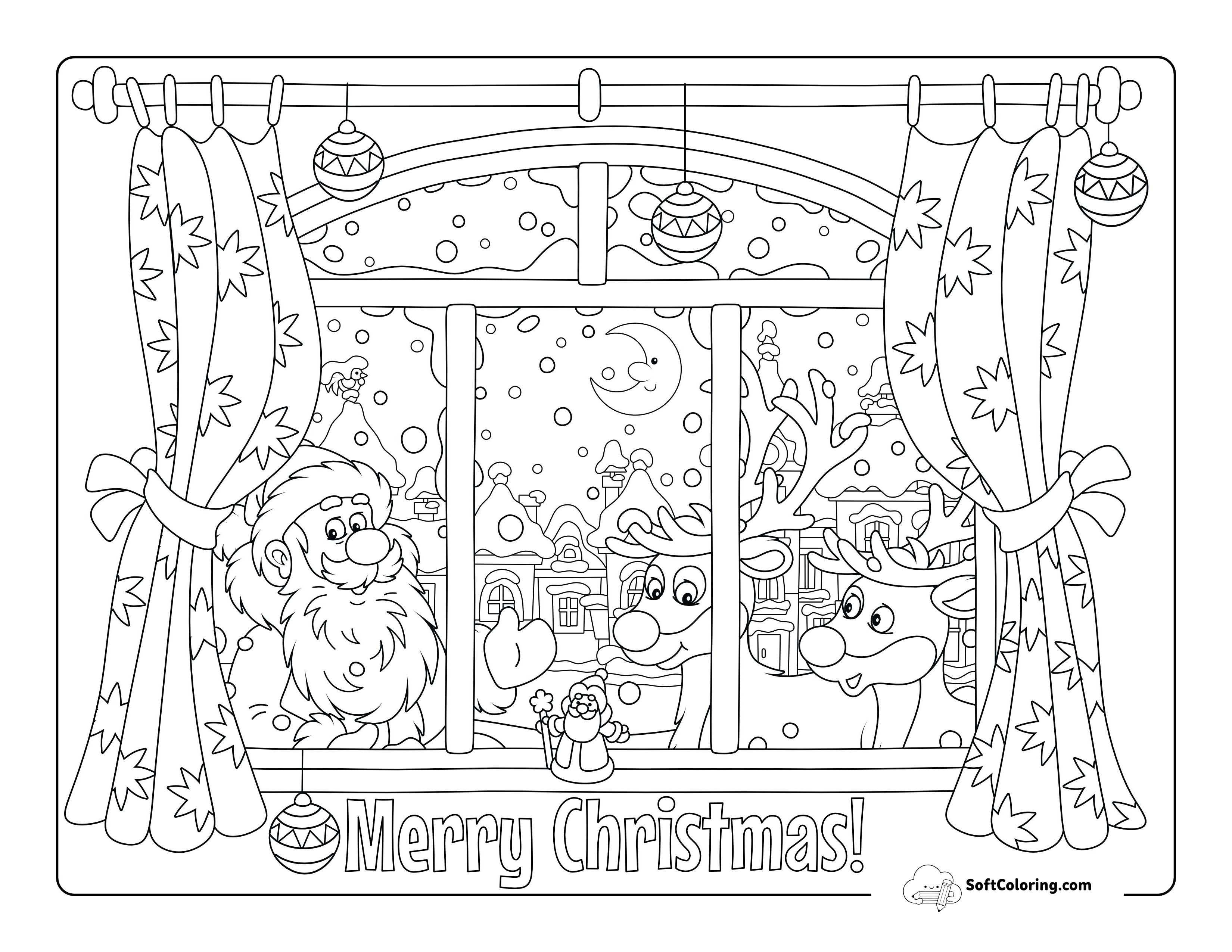 Father Christmas & Reindeer Christmas Picture To Color