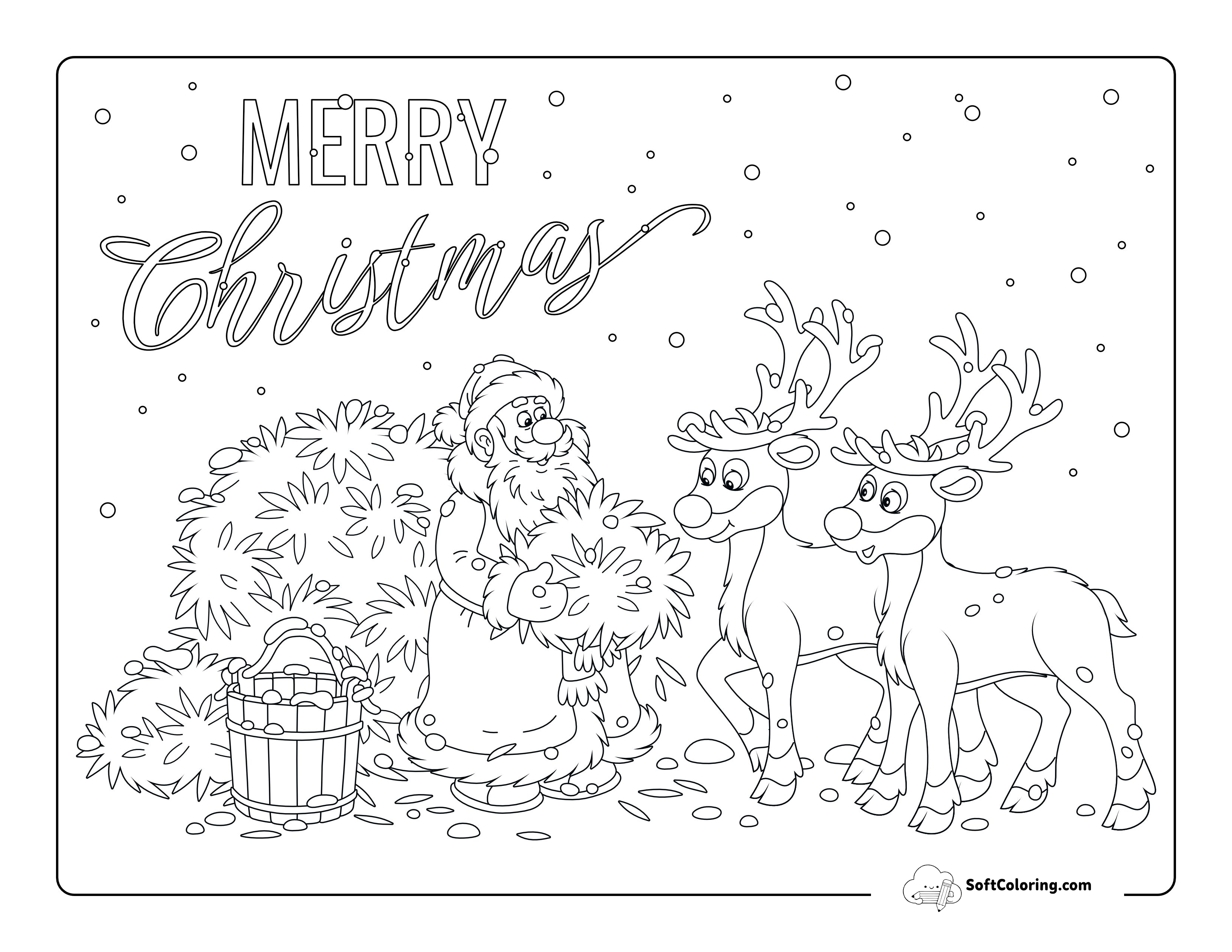 Santa Claus Feeding Reindeer Coloring Sheet