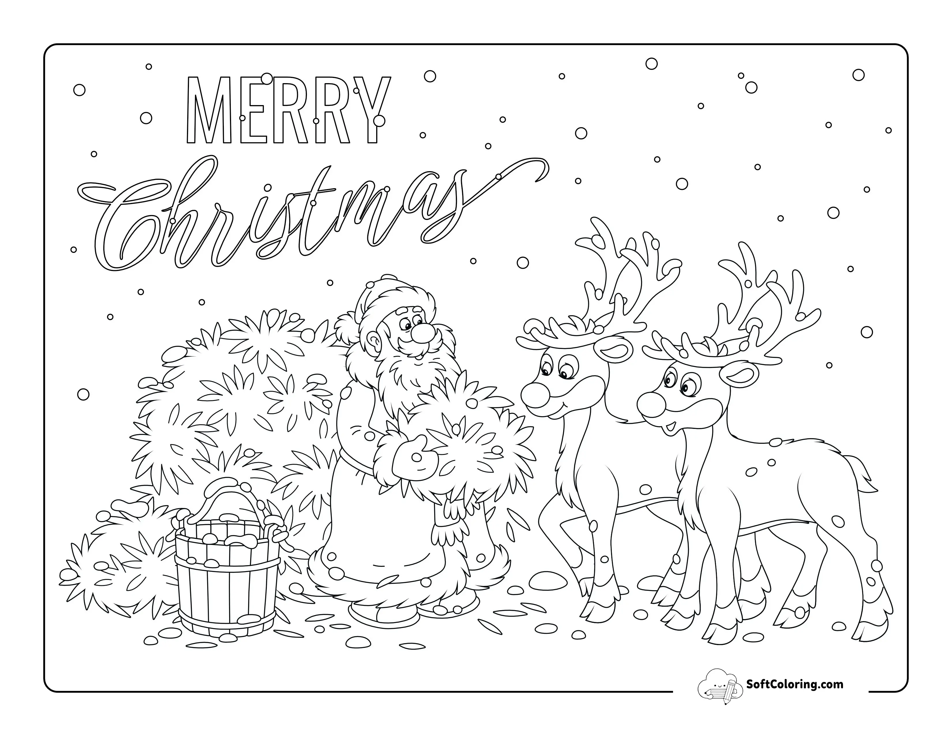 Santa Claus Feeding Reindeer Coloring Sheet