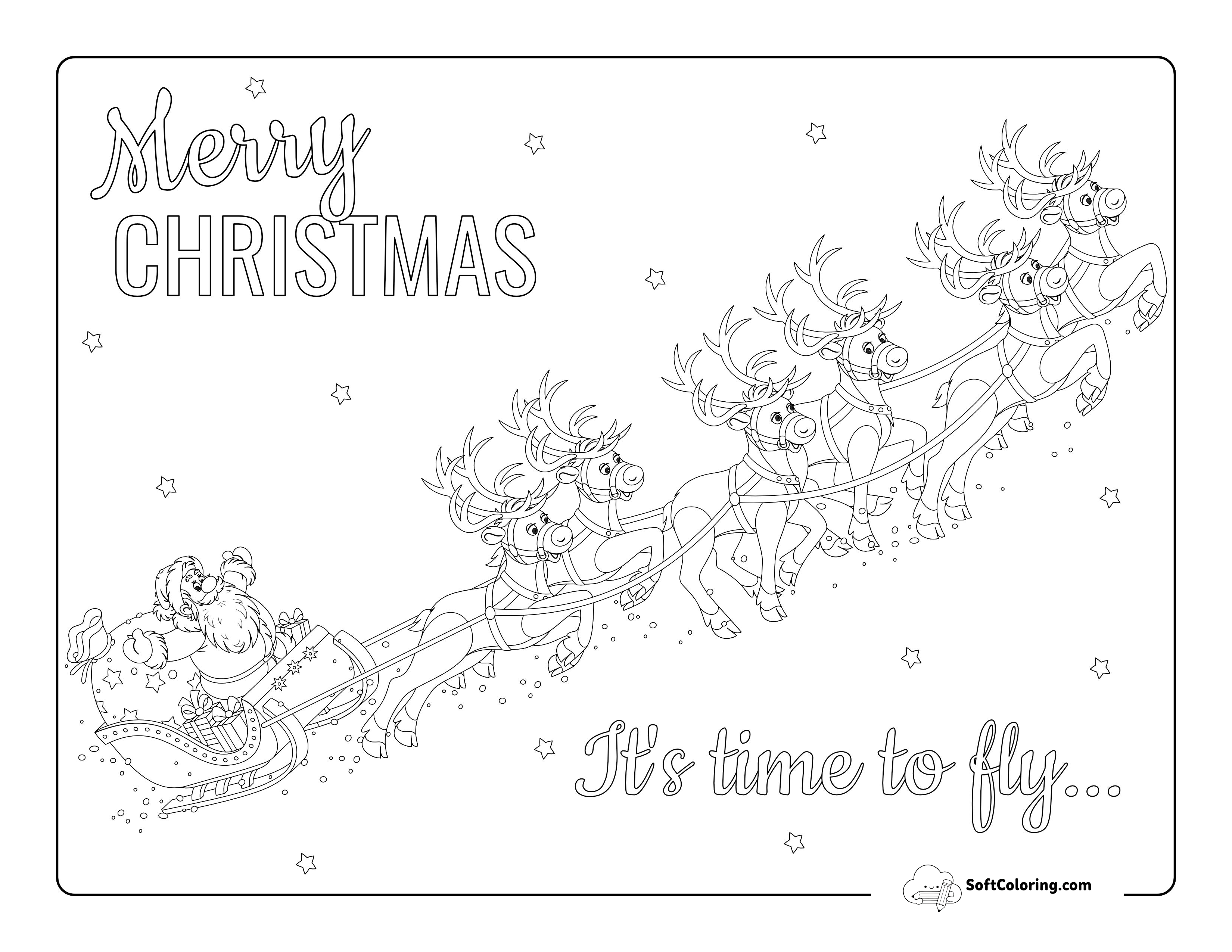 Flying Santa's Sleigh With Reindeer Coloring Page