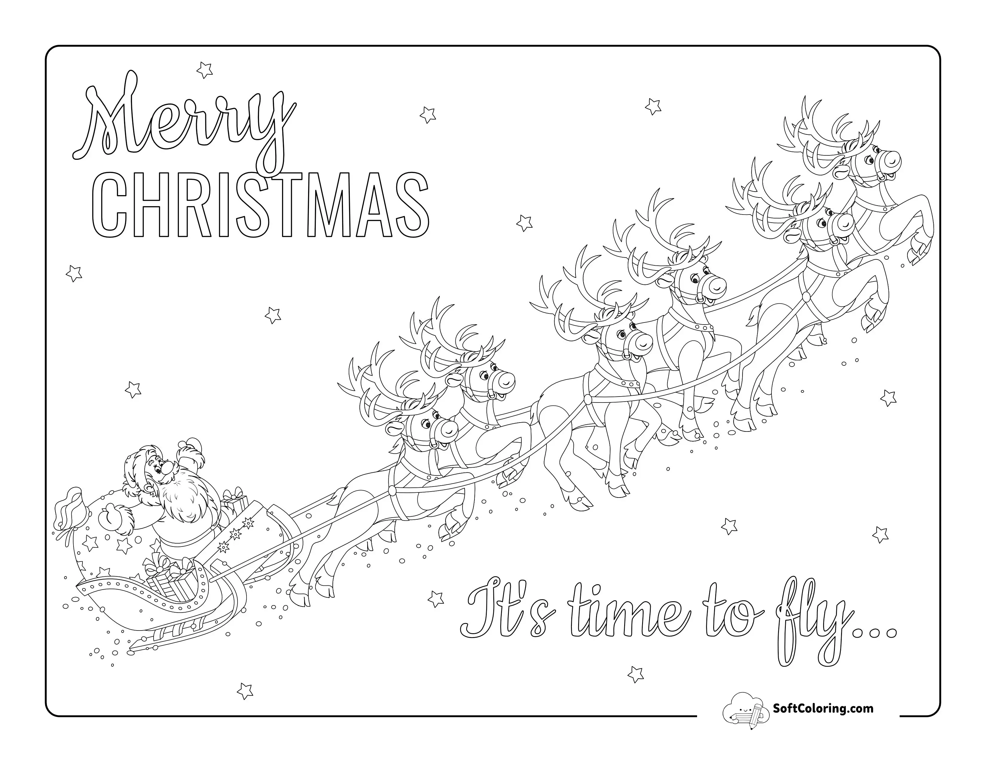 Flying Santa's Sleigh With Reindeer Coloring Page