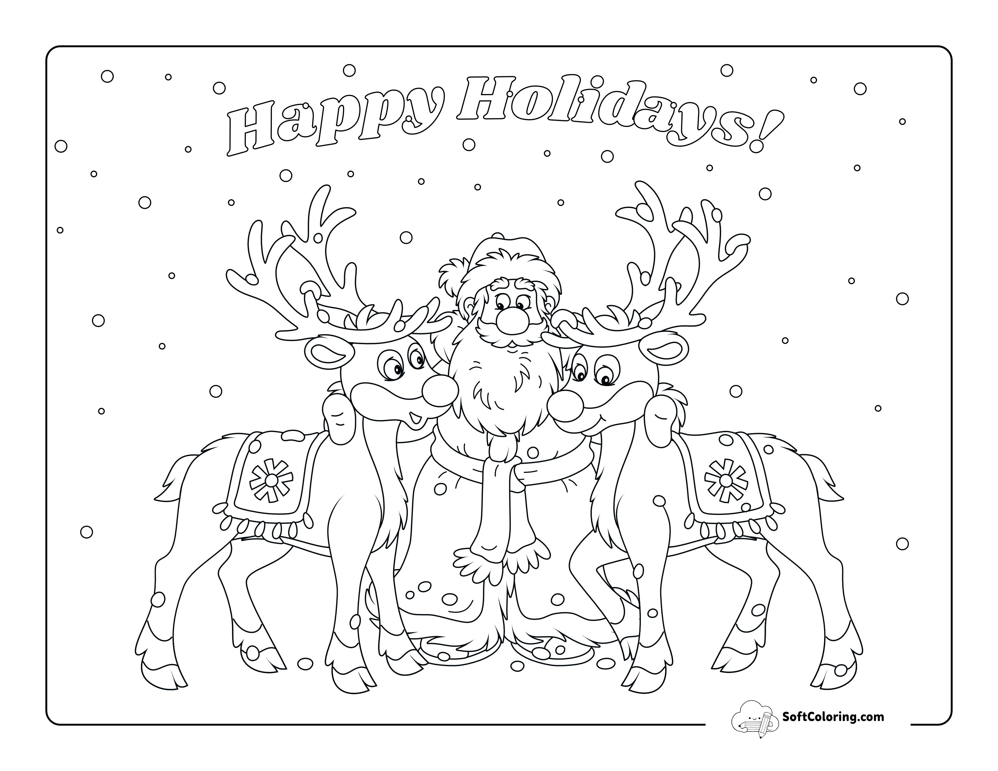 Cute Father Christmas With Reindeer Coloring Page