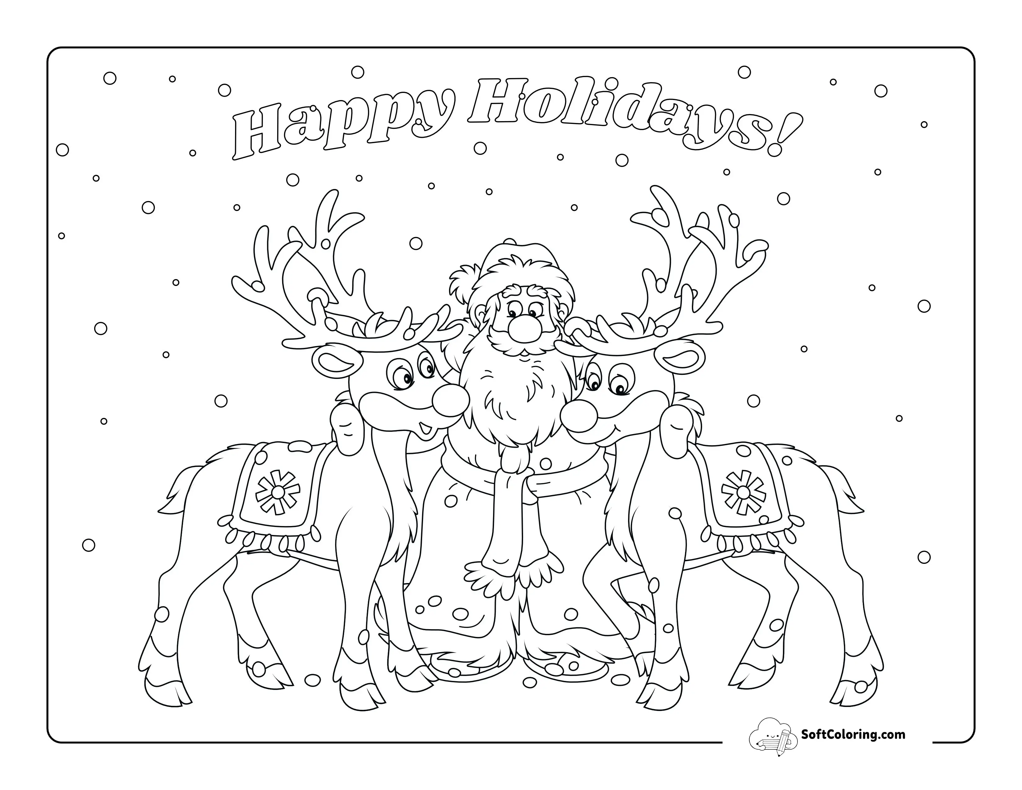 Cute Father Christmas With Reindeer Coloring Page